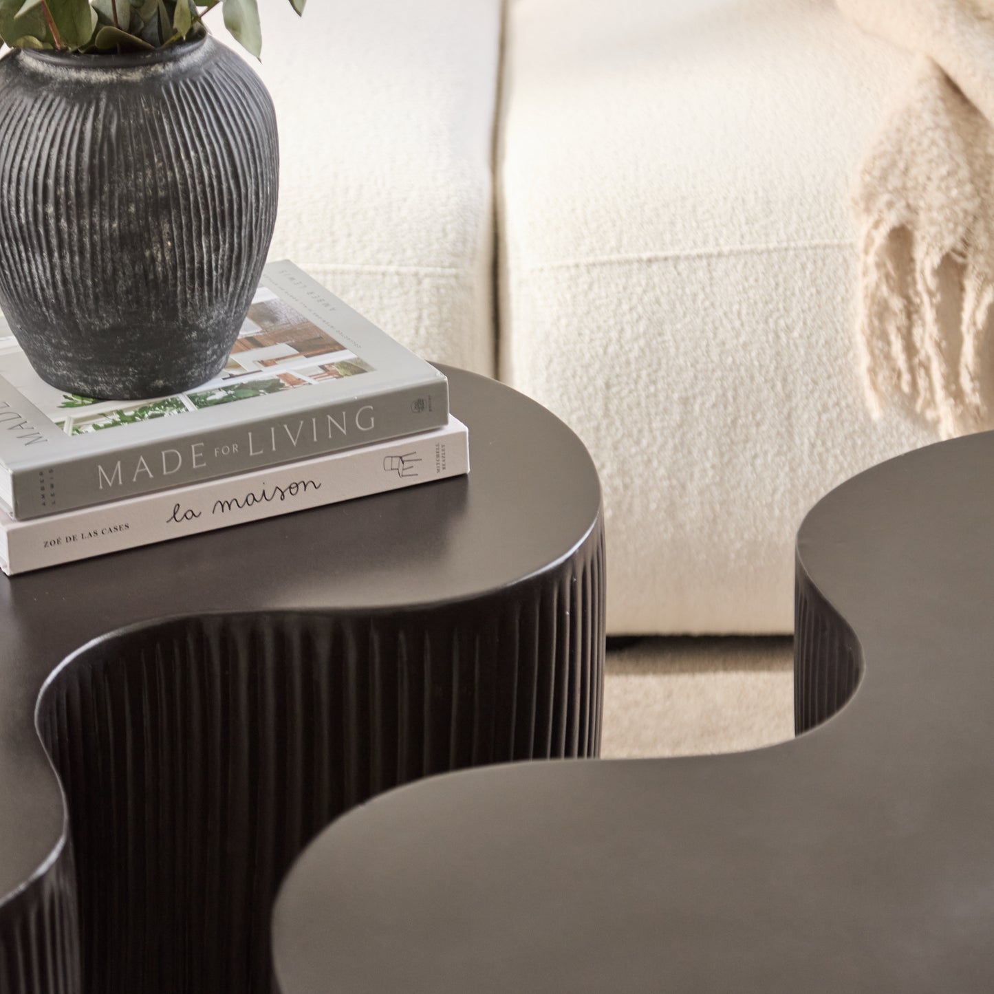 Sohan 84cm Kidney Concrete Coffee Table - Set of 2 - Lava Black - Laura James