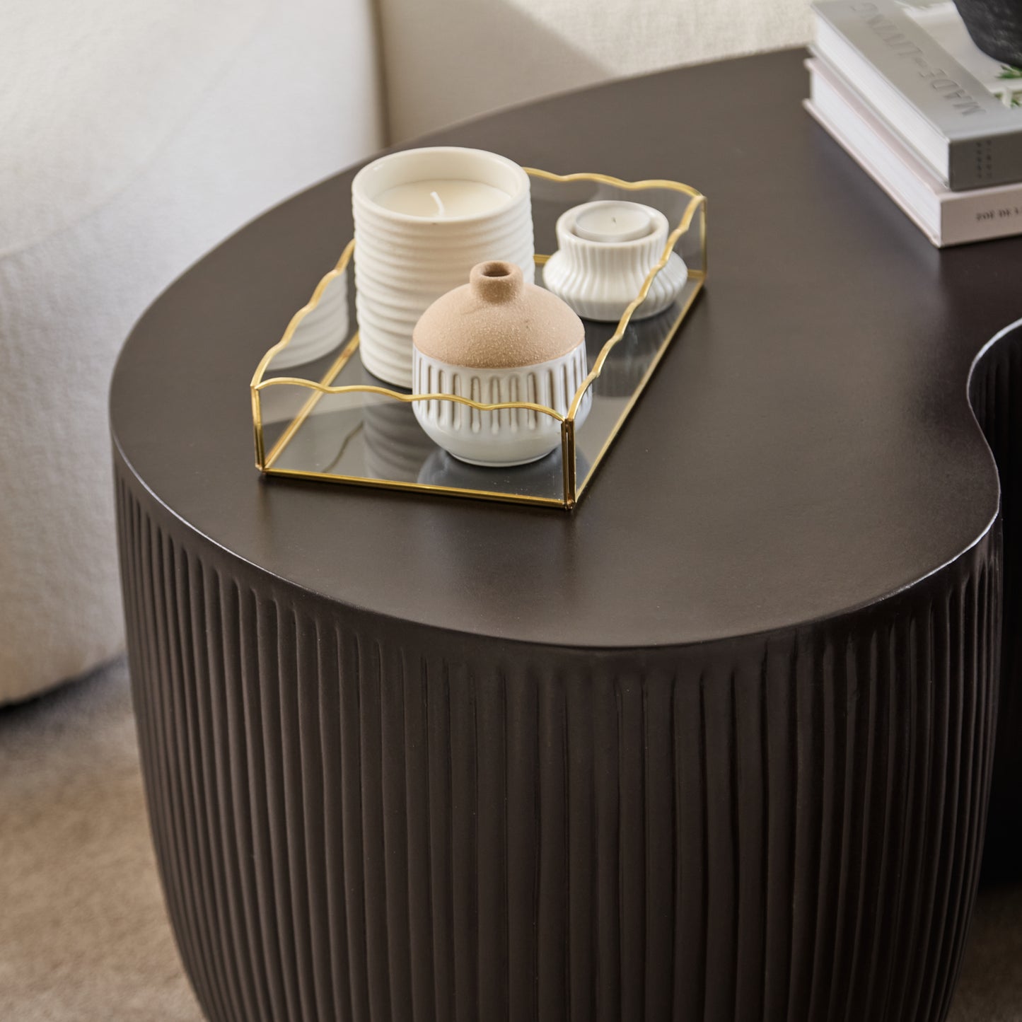 Sohan 84cm Kidney Concrete Coffee Table - Set of 2 - Lava Black - Laura James