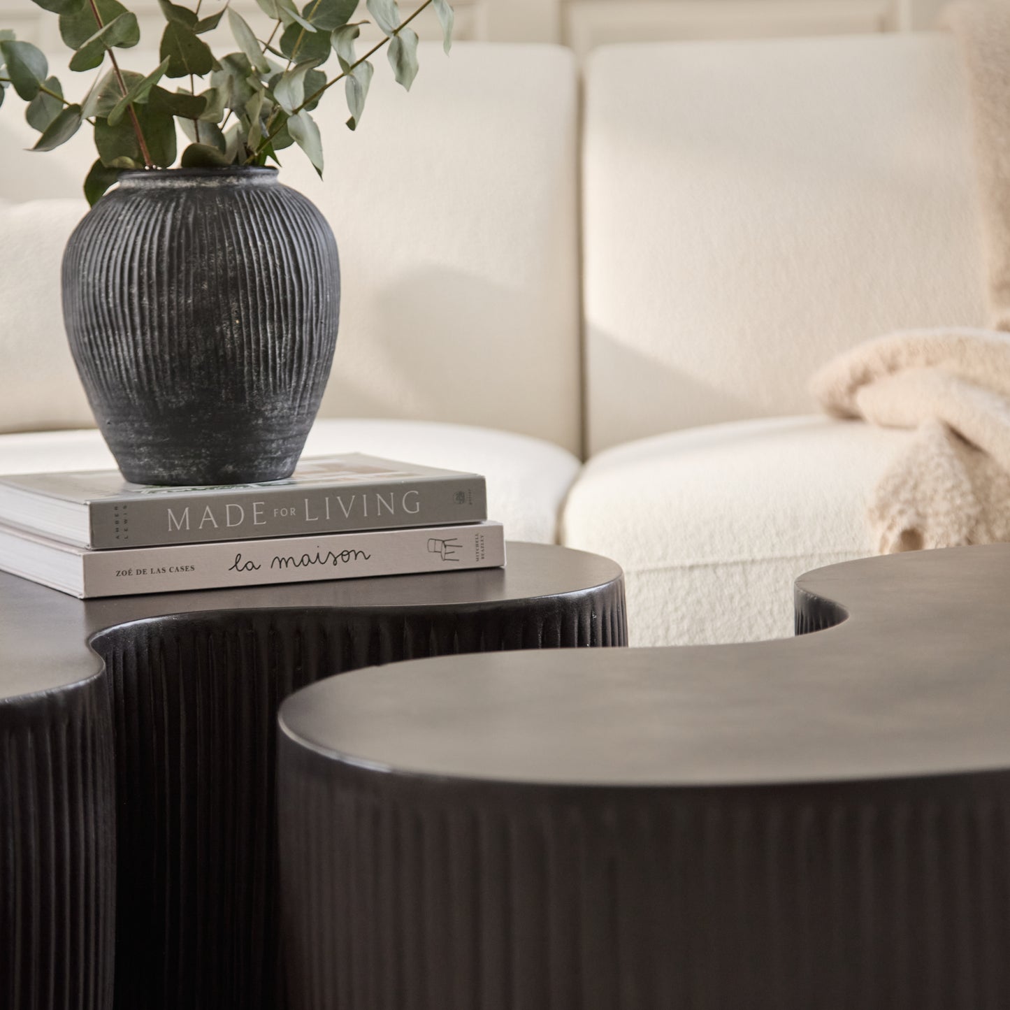 Sohan 84cm Kidney Concrete Coffee Table - Set of 2 - Lava Black - Laura James