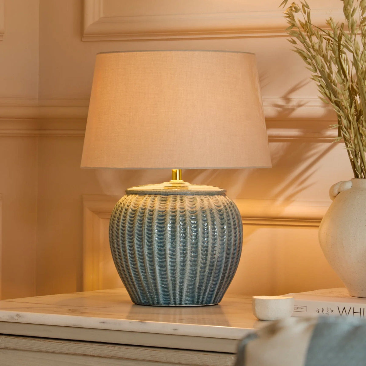 Elmer 27cm Teal Blue Ceramic Lamp Base & Coningsby Taupe Cotton Lampshade - 35cm - Laura James