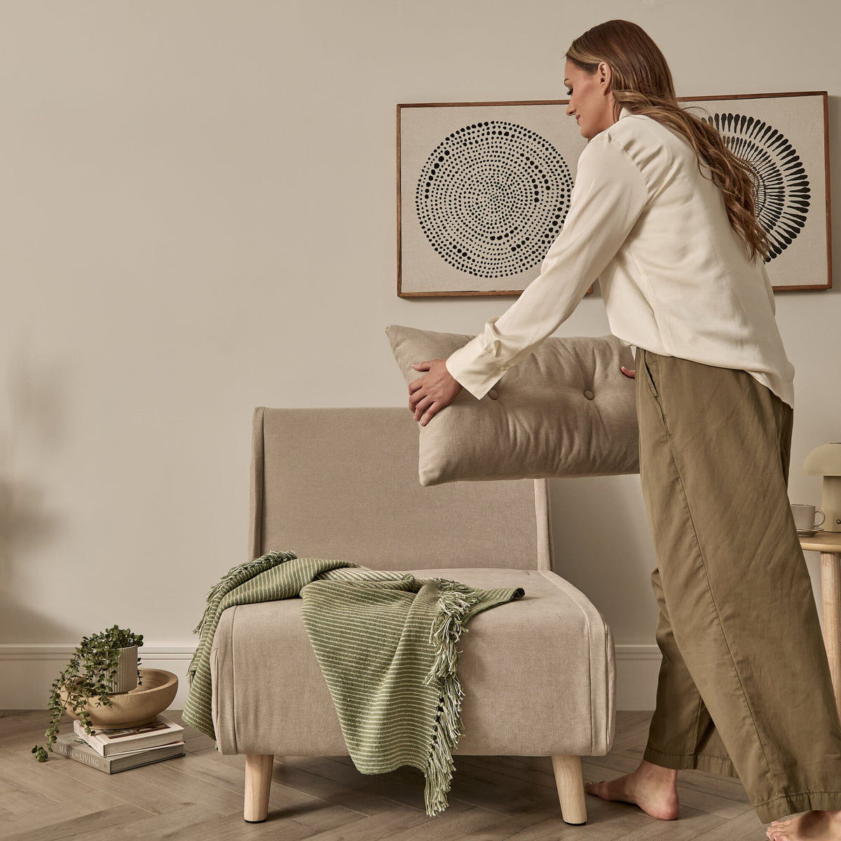 Una Single Sofa Bed - Soft Beige with Pale Oak Legs - Laura James