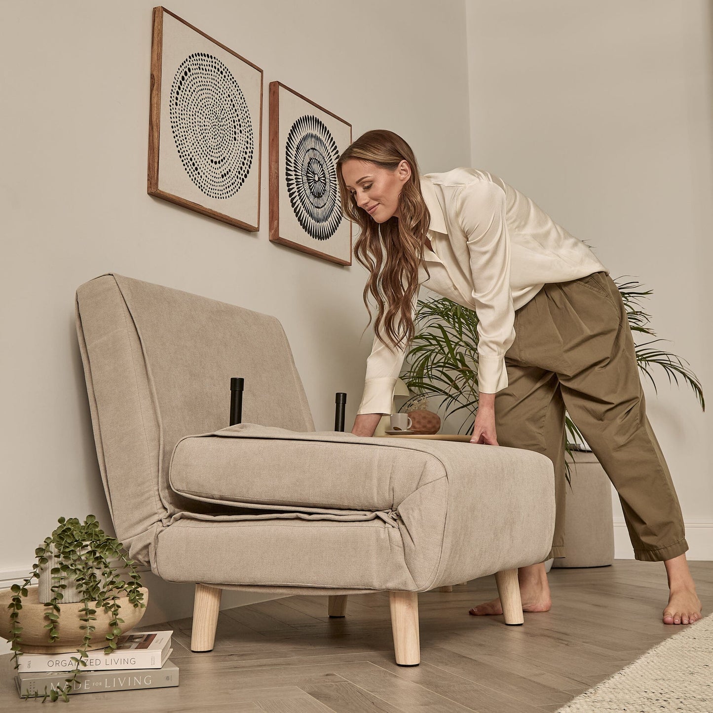 Una Single Sofa Bed - Soft Beige with Pale Oak Legs - Laura James