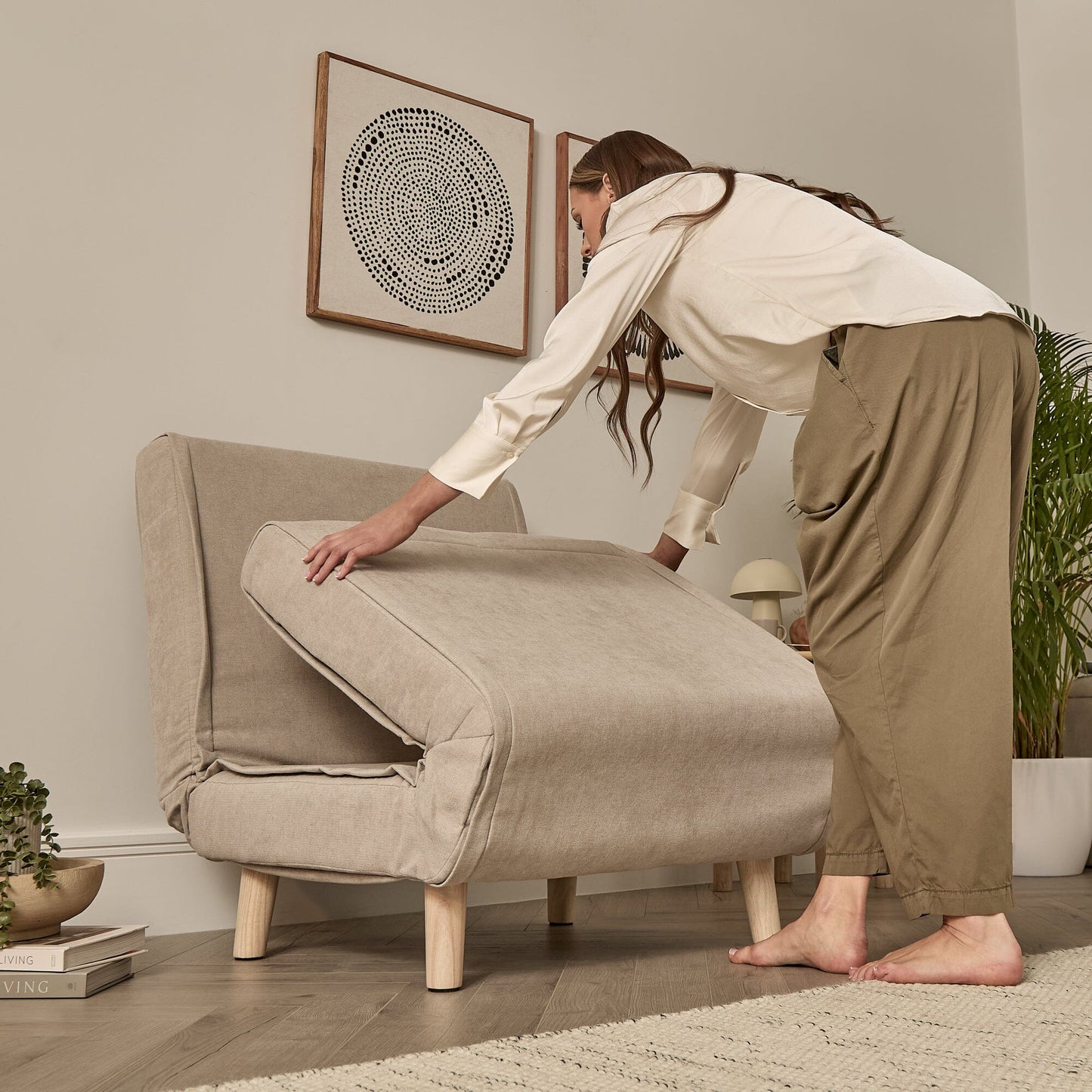 Una Single Sofa Bed - Soft Beige with Pale Oak Legs - Laura James