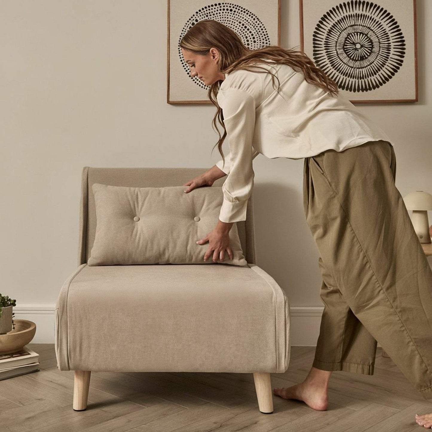 Una Single Sofa Bed - Soft Beige with Pale Oak Legs - Laura James