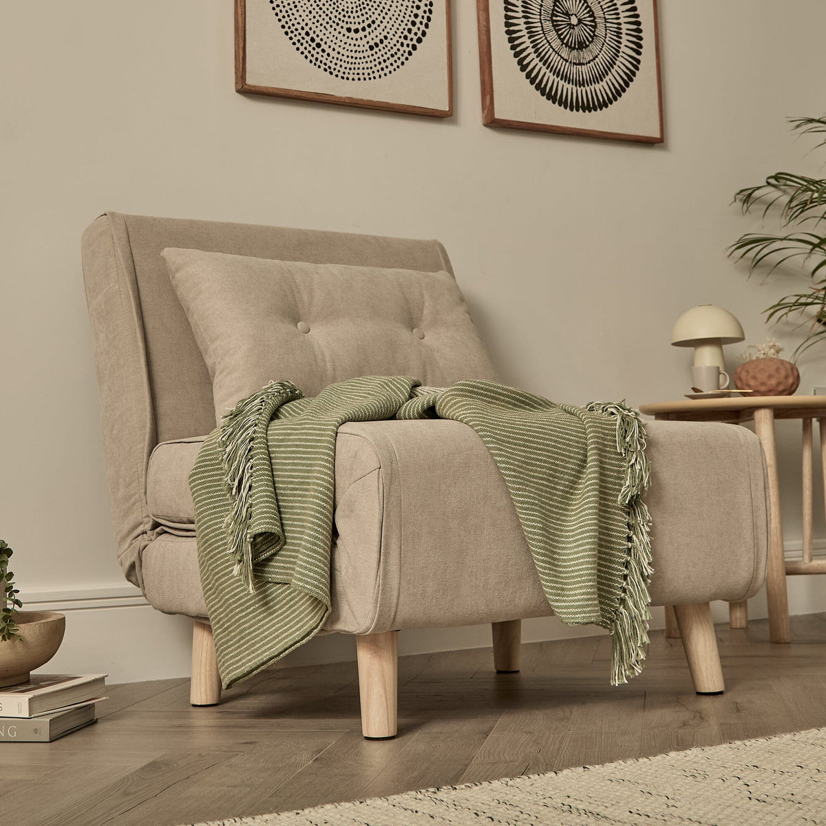 Una Single Sofa Bed - Soft Beige with Pale Oak Legs - Laura James