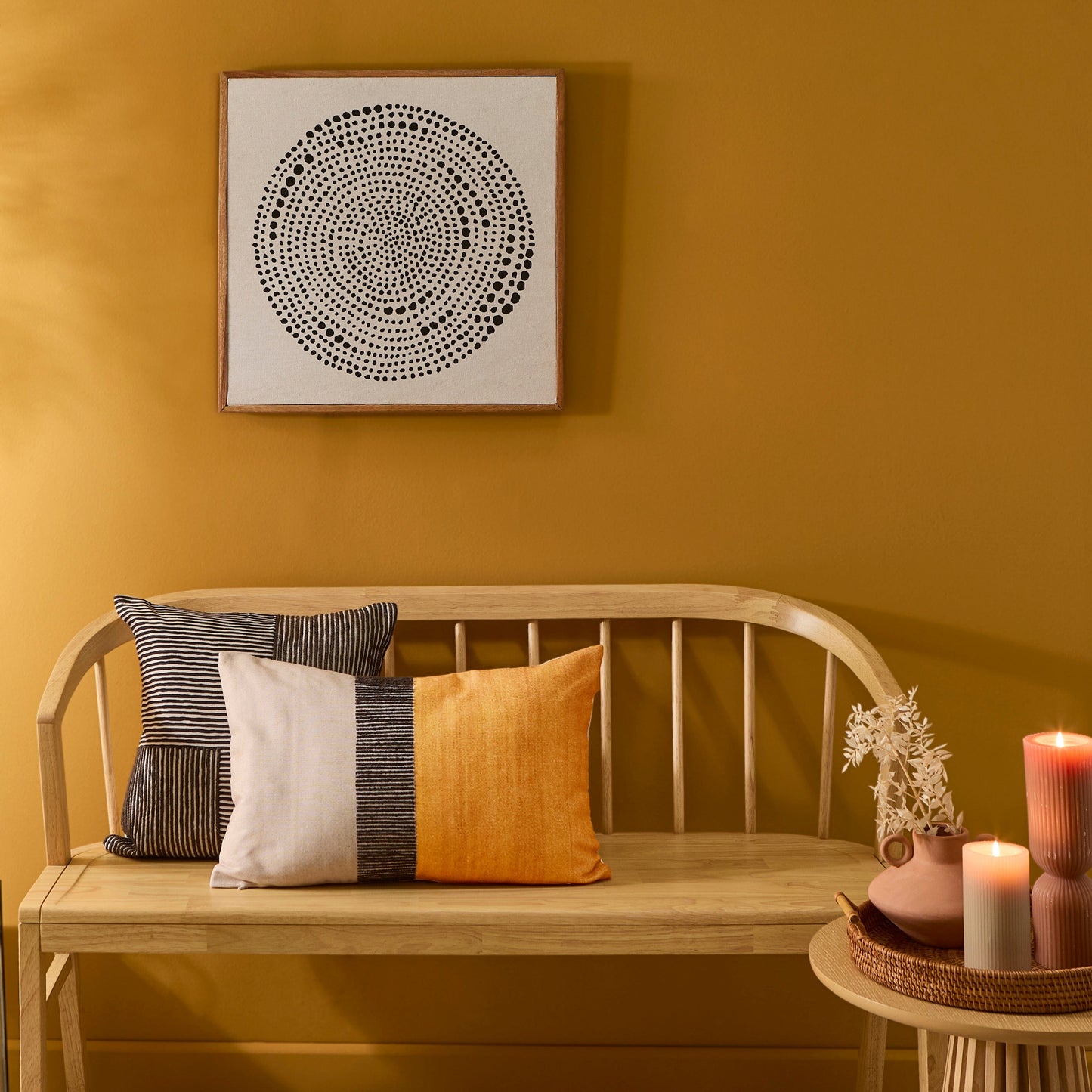 Mabel Bench with Odisha & Selu cushion covers and Umari wall art - Laura James