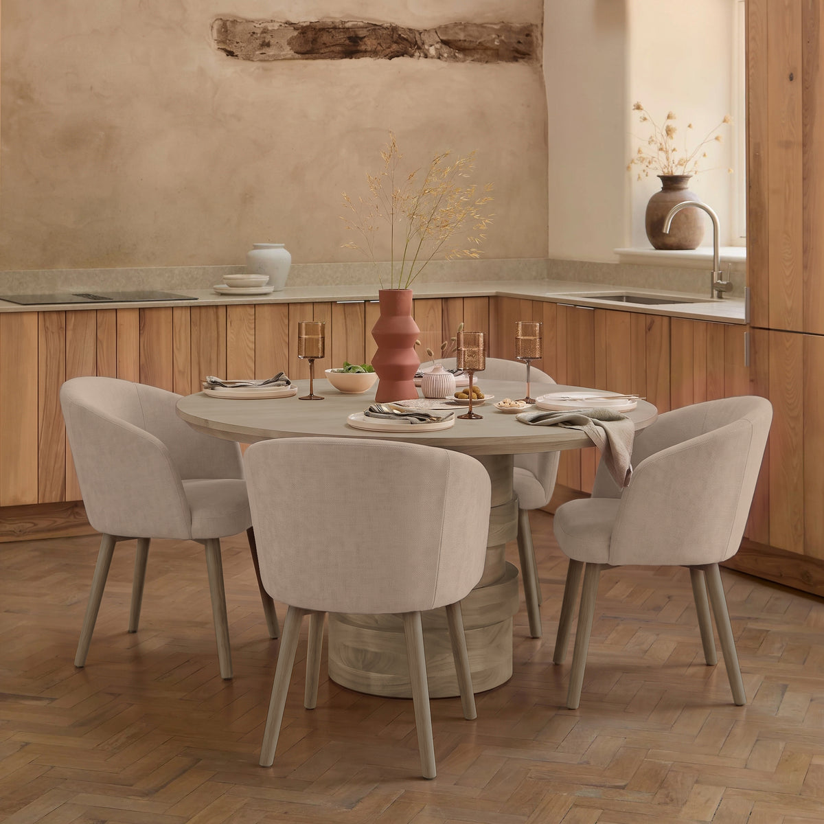 Adam 135cm Almond Brown Round Dining Table Set - 4 Seater - Archer Soft Beige Dining Chairs - Almond Brown Legs - Laura James