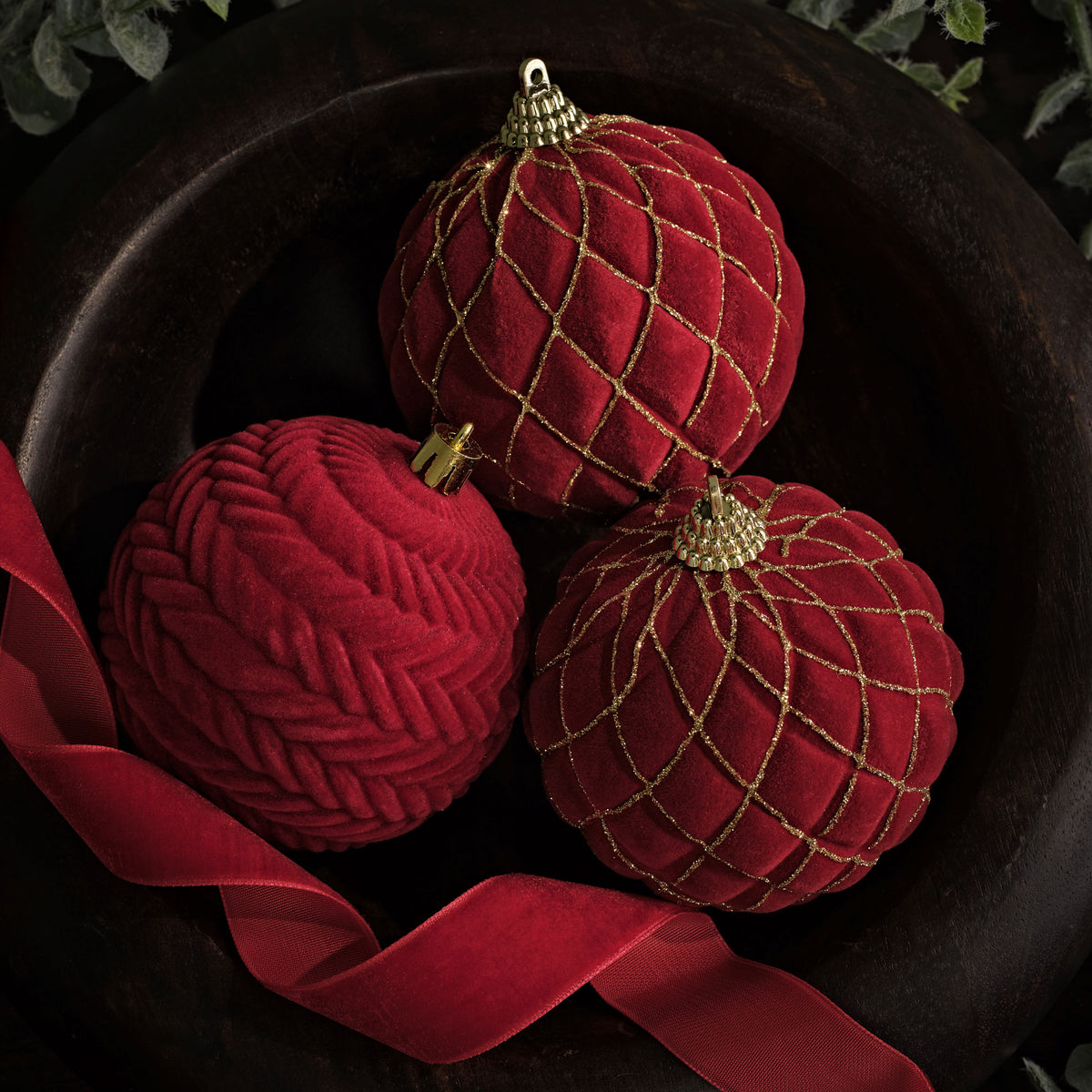 Valen 8cm Shatterproof Bauble - Christmas Red & Gold Flocked