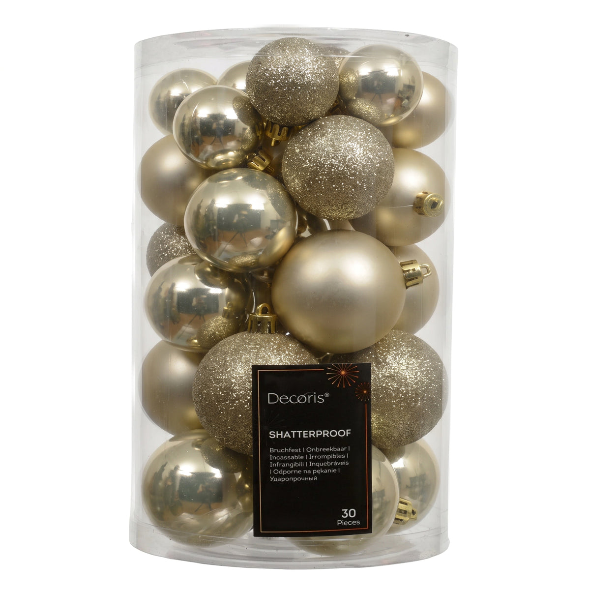 Valen Shatterproof Mixed Baubles - Set of 30 - Pearl Gold