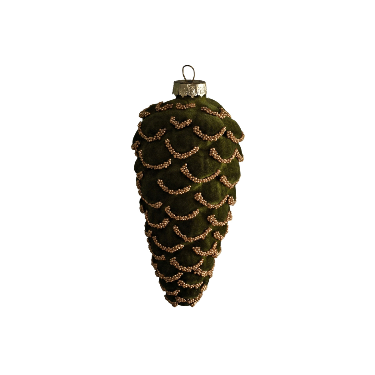 Varde 12.5cm Glass Pinecone Bauble - Olive Green Flocked