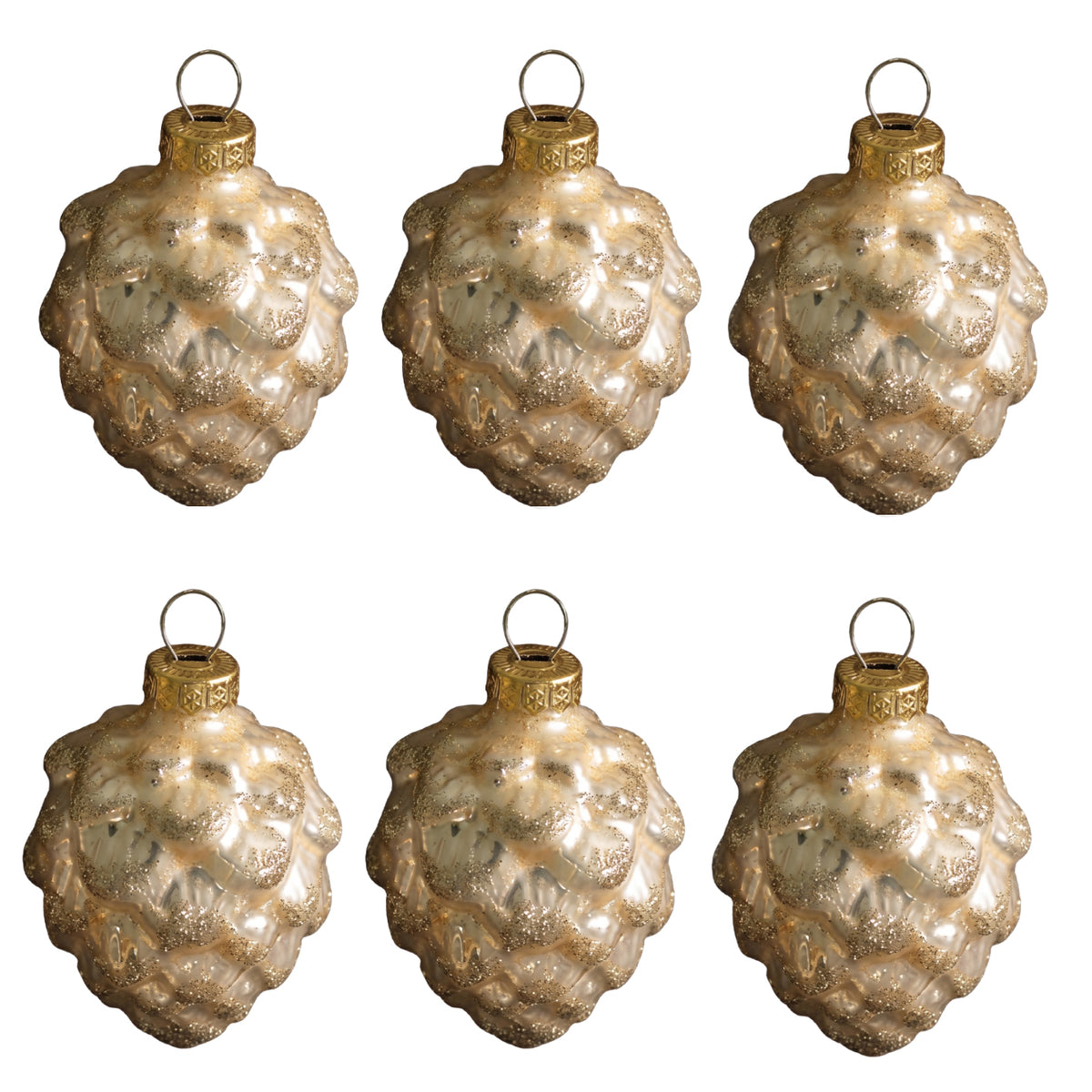 Varde 7cm Glass Pinecone Baubles - Set of 6 - Pearl Gold