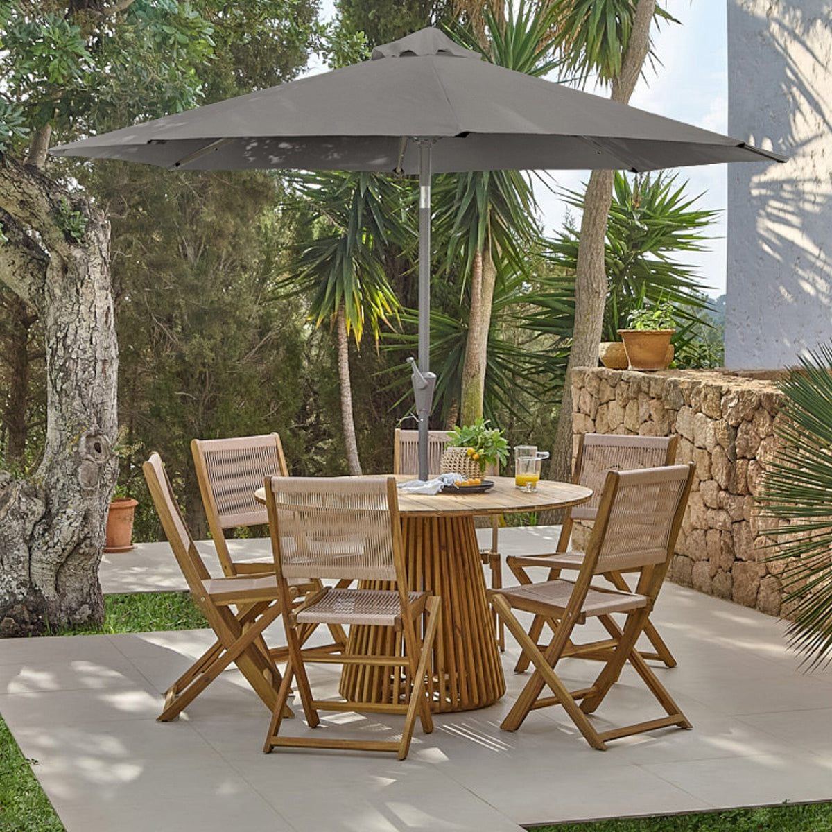 Willow 6 Seater Round Wooden Garden Dining Set with 6 Cove Rope Dining Chairs - Laura James
