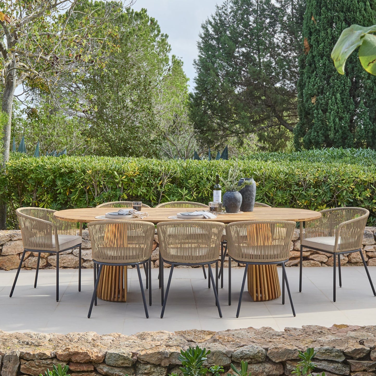 Willow 8 Seater Wooden Garden Dining Set with 8 Hali Natural Rope Chairs - Laura James