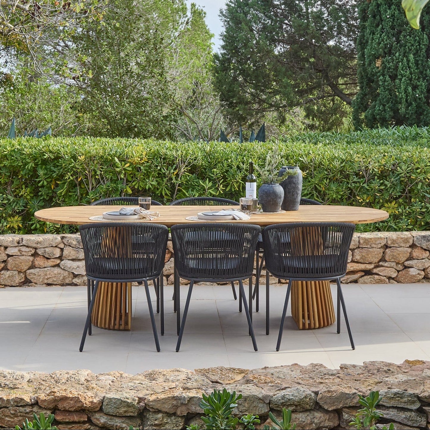 Willow 6 Seater Wooden Garden Dining Set with 6 Hali Black Rope Chairs - Laura James