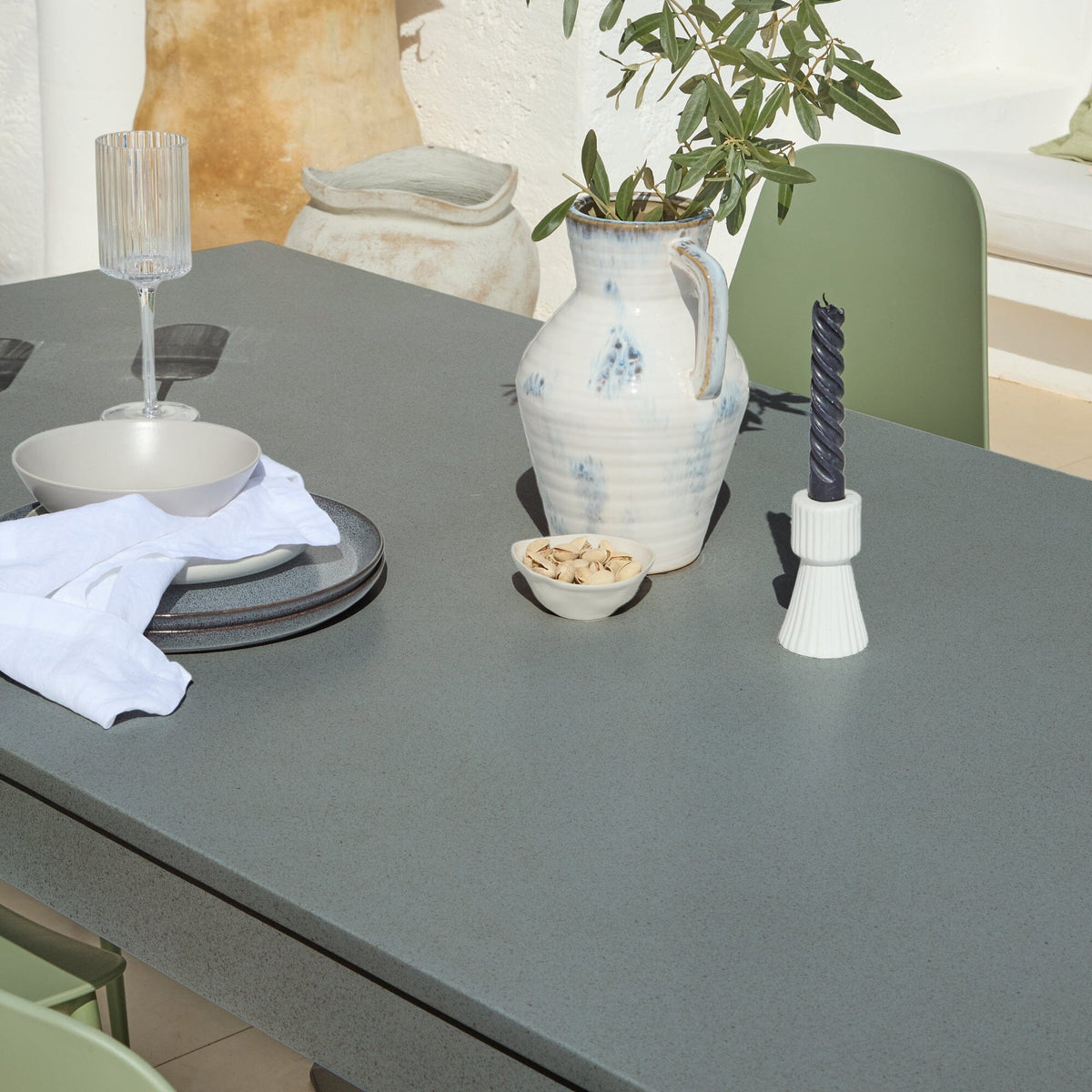 Amelia 6 Seater Dove Grey Concrete Garden Dining Set with Wren Olive Green Chairs - Laura James