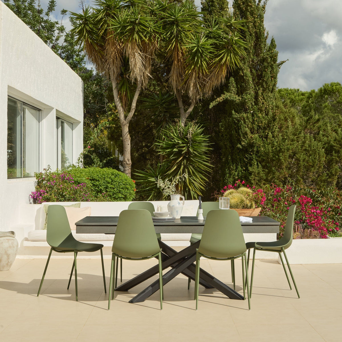 Amelia 6 Seater Dove Grey Concrete Garden Dining Set with Wren Olive Green Chairs - Laura James
