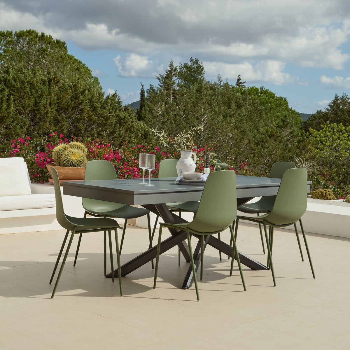Amelia 6 Seater Dove Grey Concrete Garden Dining Set with Wren Olive Green Chairs - Laura James