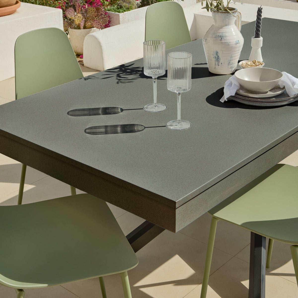 Amelia 6 Seater Dove Grey Concrete Garden Dining Set with Wren Olive Green Chairs - Laura James