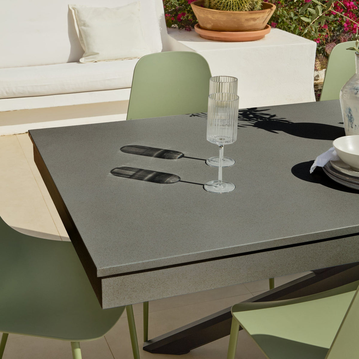 Amelia 6 Seater Dove Grey Concrete Garden Dining Set with Wren Olive Green Chairs - Laura James