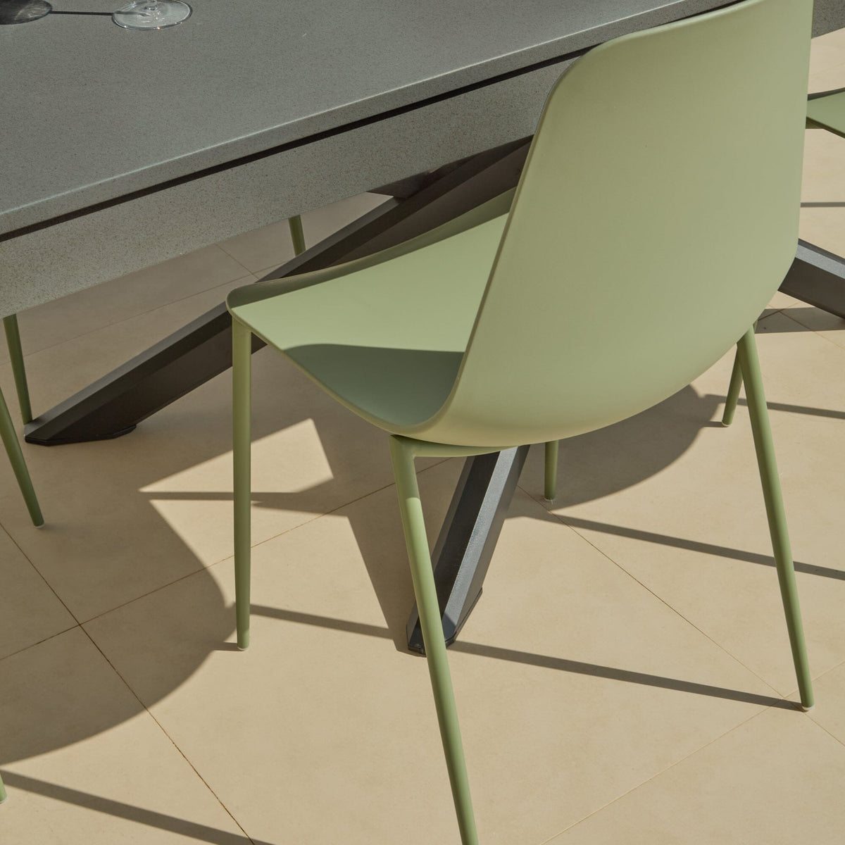 Amelia 6 Seater Dove Grey Concrete Garden Dining Set with Wren Olive Green Chairs - Laura James