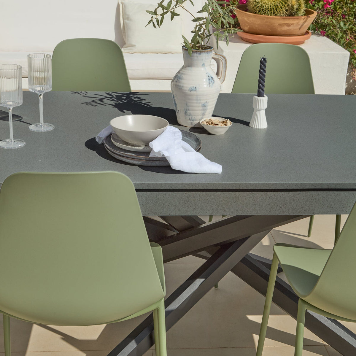 Amelia 6 Seater Dove Grey Concrete Garden Dining Set with Wren Olive Green Chairs - Laura James