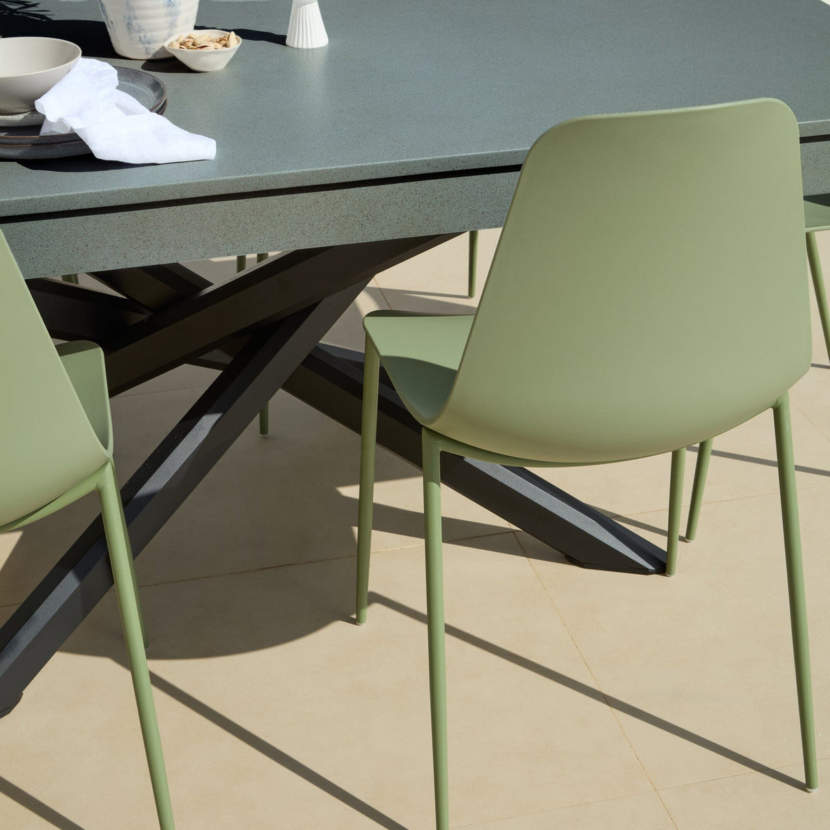 Amelia 6 Seater Dove Grey Concrete Garden Dining Set with Wren Olive Green Chairs - Laura James