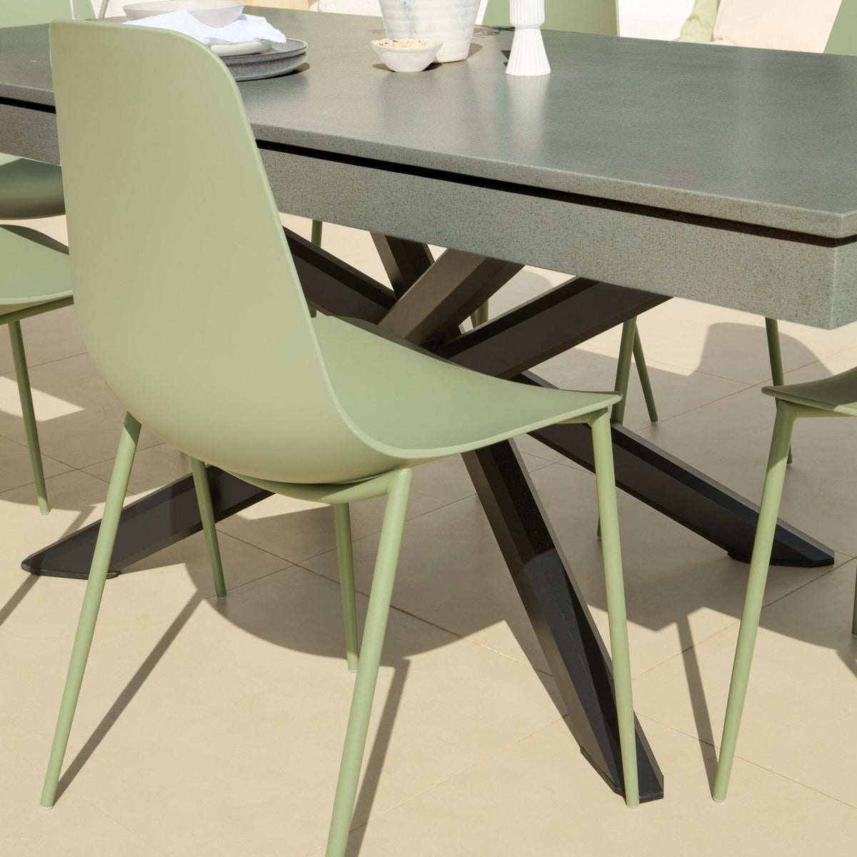 Amelia 6 Seater Dove Grey Concrete Garden Dining Set with Wren Olive Green Chairs - Laura James