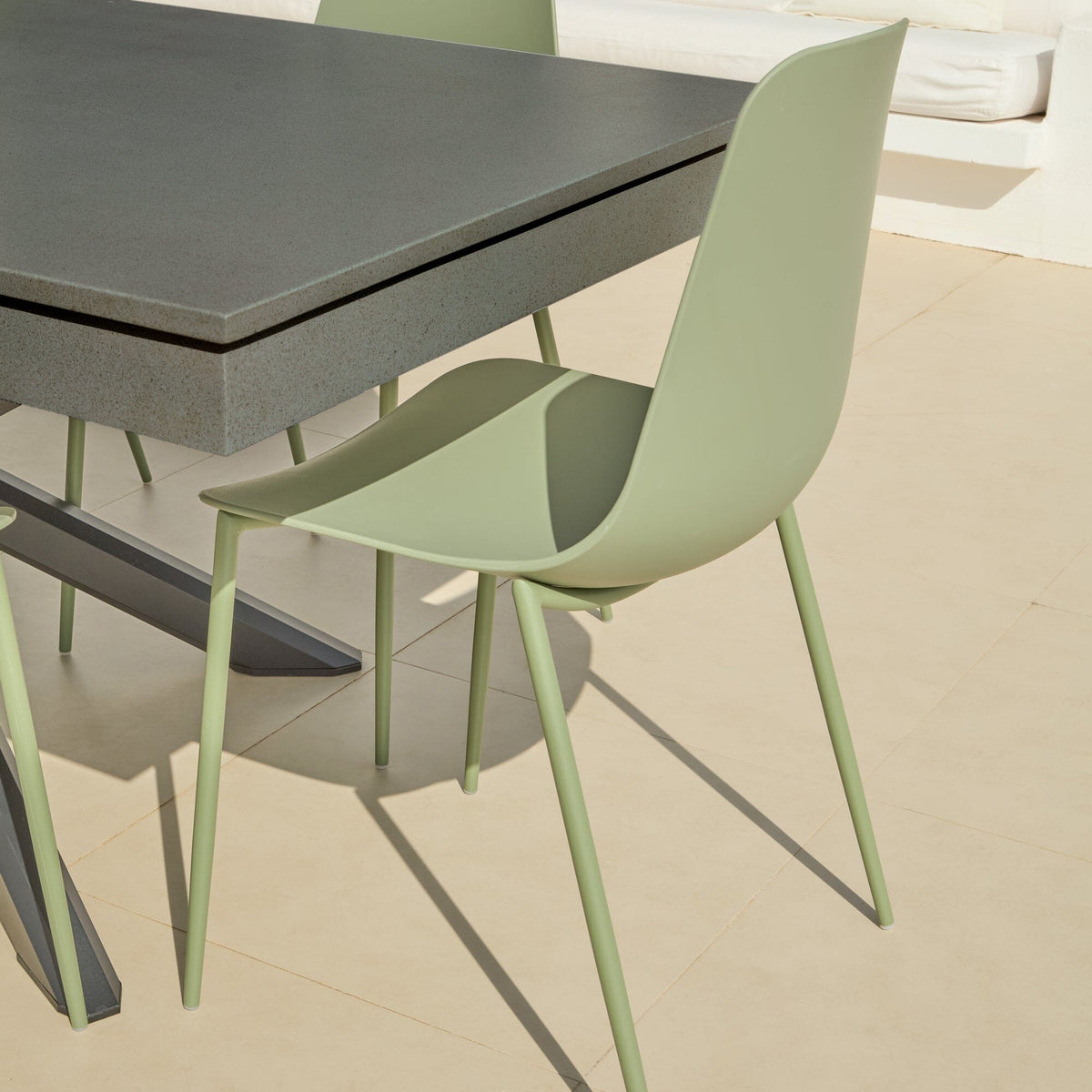 Amelia 6 Seater Dove Grey Concrete Garden Dining Set with Wren Olive Green Chairs - Laura James