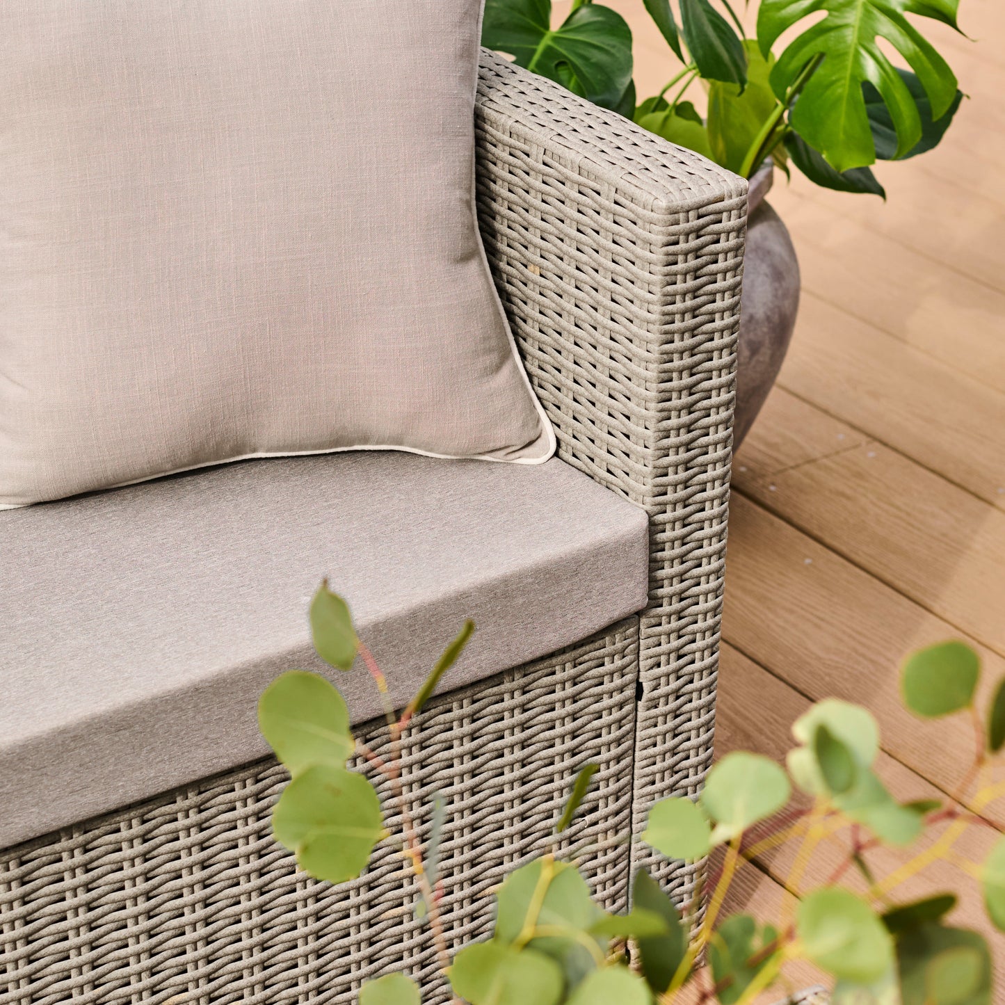 Weston 3 Seater Rattan Garden Corner Sofa Set - Light Grey with Stone Grey Cushions - Laura James