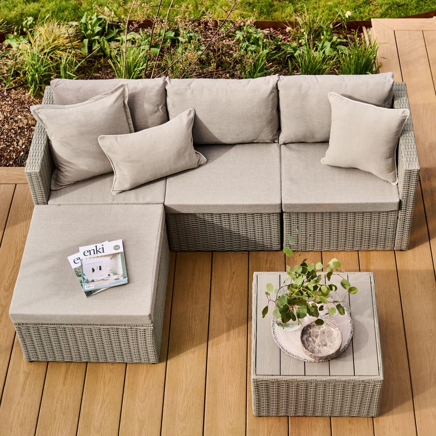 Weston 3 Seater Rattan Garden Corner Sofa Set - Light Grey with Stone Grey Cushions - Laura James