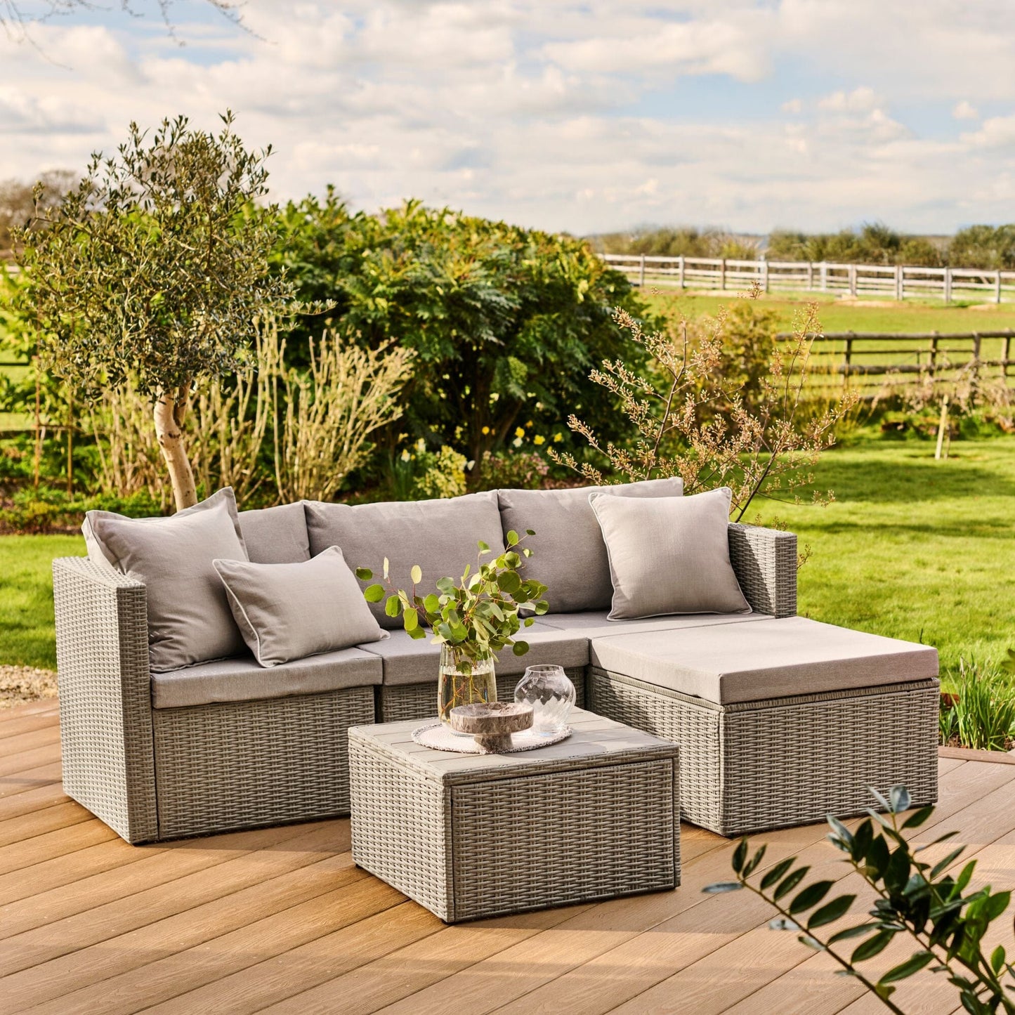 Weston 3 Seater Rattan Garden Corner Sofa Set - Light Grey with Stone Grey Cushions - Laura James