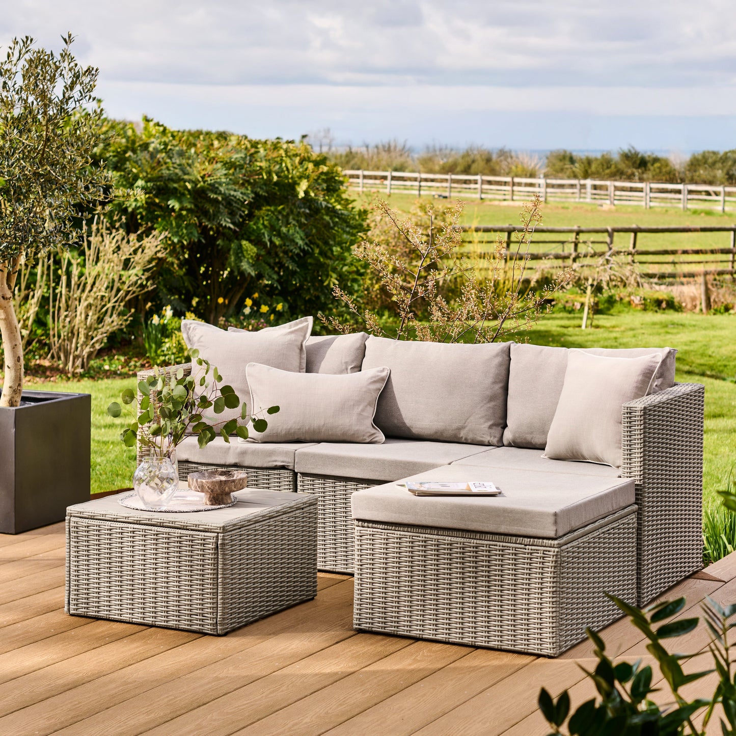 Weston 3 Seater Rattan Garden Corner Sofa Set - Light Grey with Stone Grey Cushions - Laura James