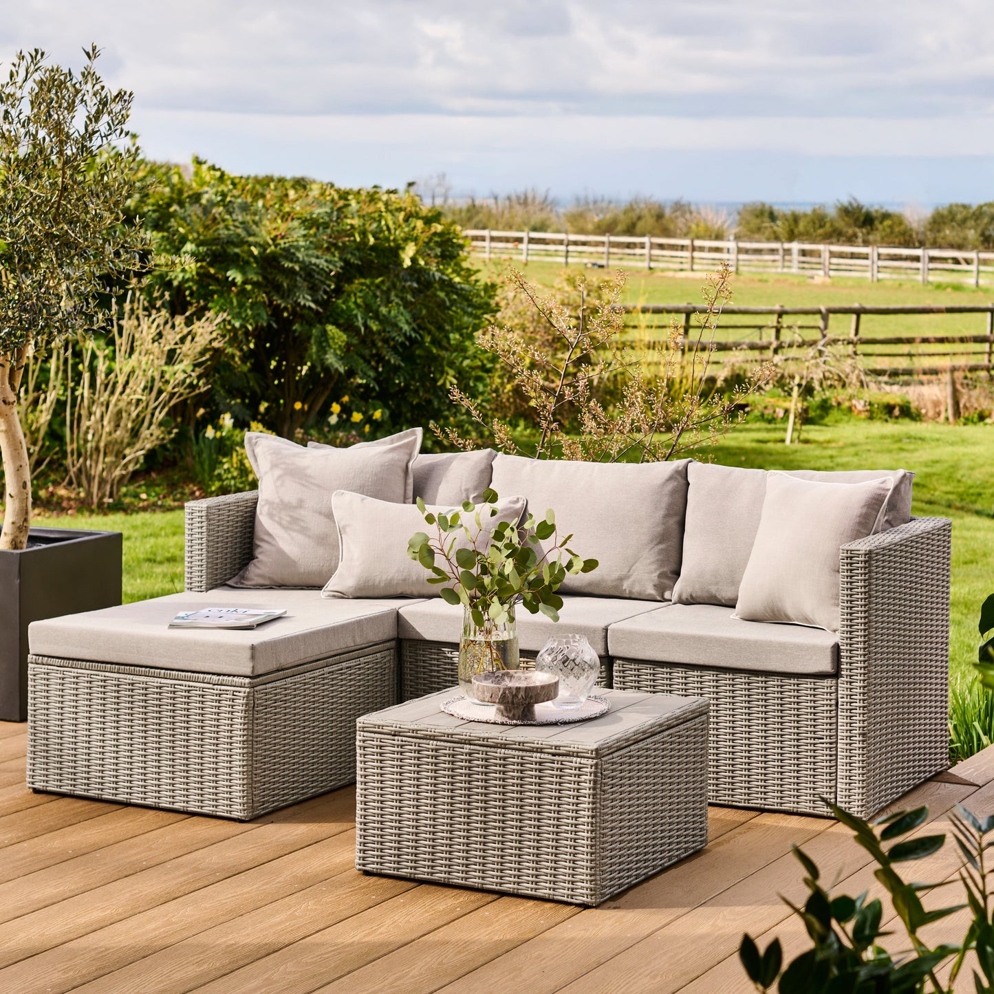 Weston 3 Seater Rattan Garden Corner Sofa Set - Light Grey with Stone Grey Cushions - Laura James