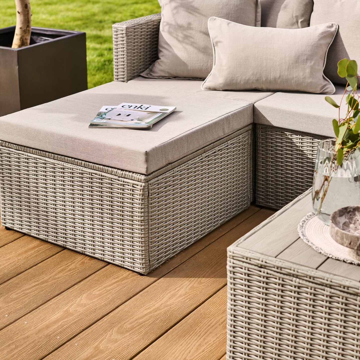 Weston 3 Seater Rattan Garden Corner Sofa Set - Light Grey with Stone Grey Cushions - Laura James