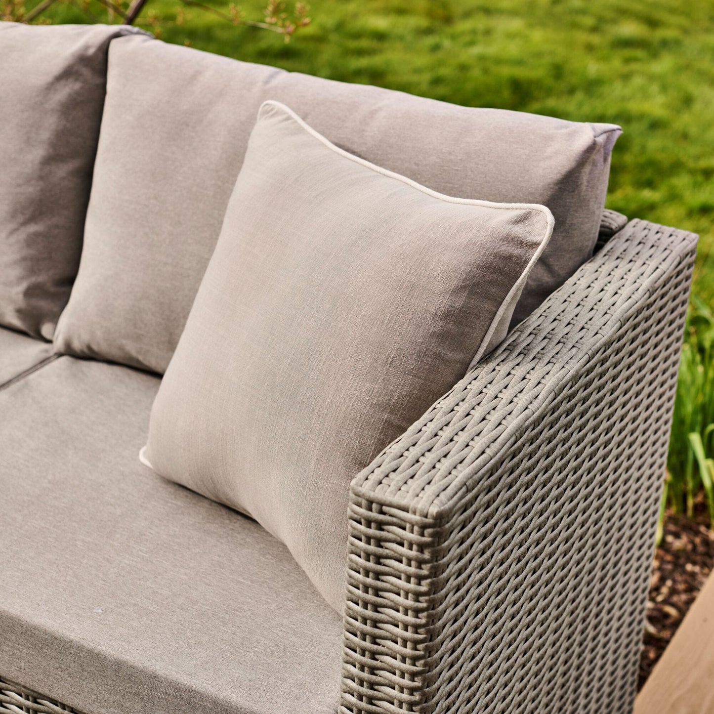 Weston 3 Seater Rattan Garden Corner Sofa Set - Light Grey with Stone Grey Cushions - Laura James