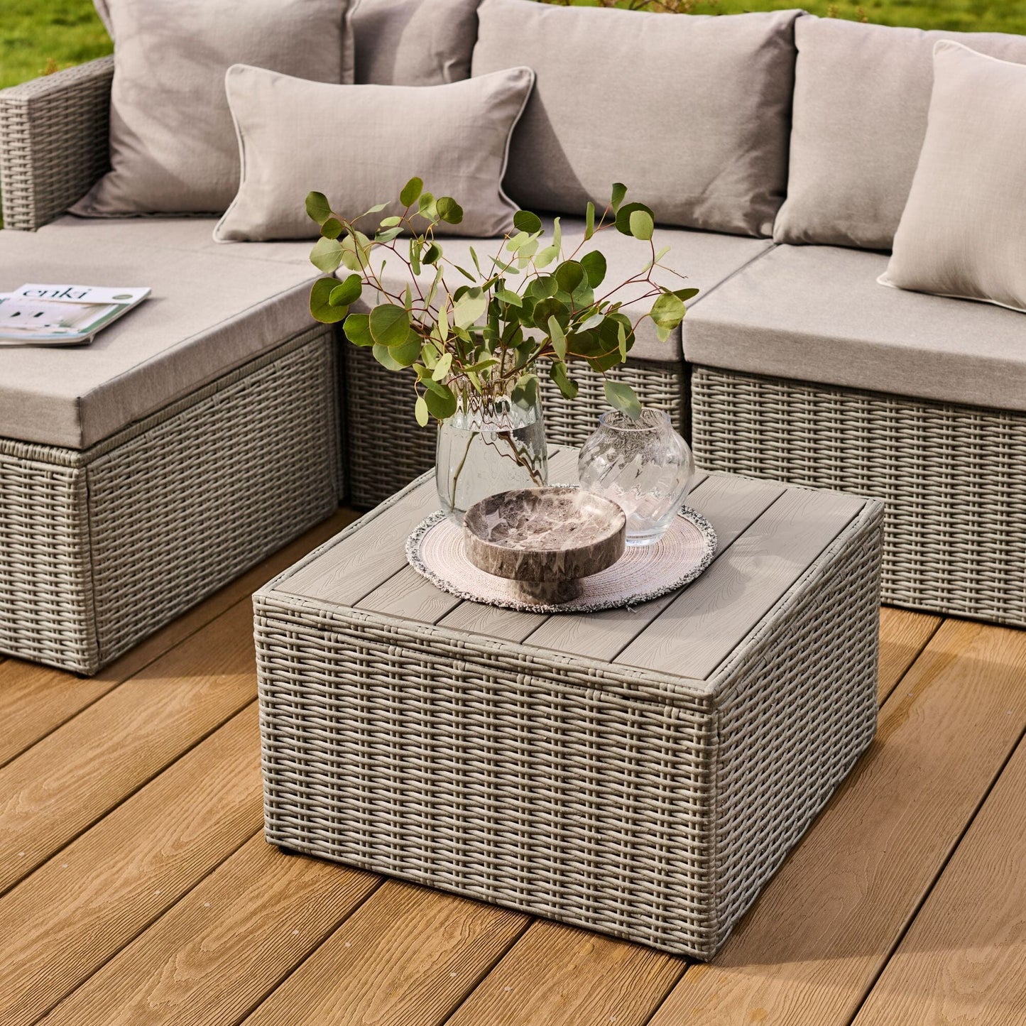 Weston 3 Seater Rattan Garden Corner Sofa Set - Light Grey with Stone Grey Cushions - Laura James