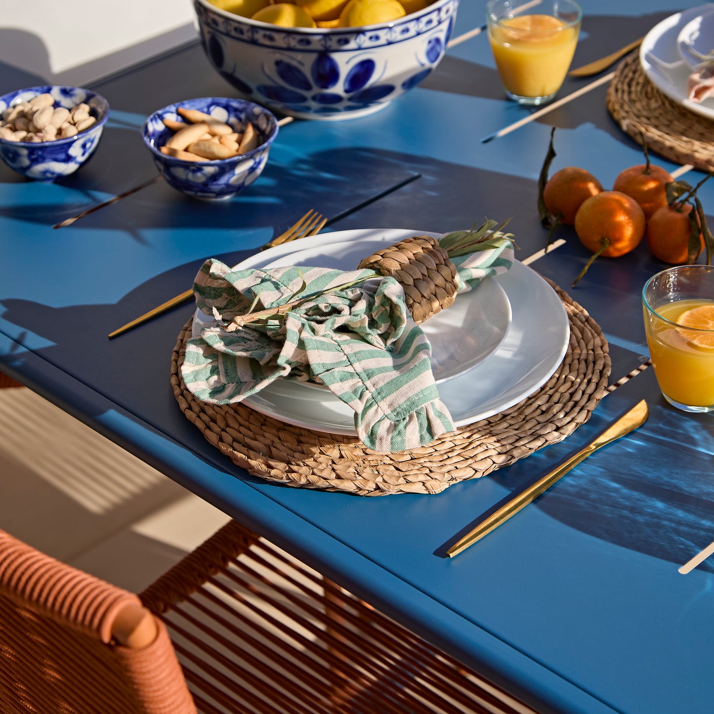 Wilder 6 Seater Blue Garden Dining Set with Ryder Burnt Orange Chairs - Laura James