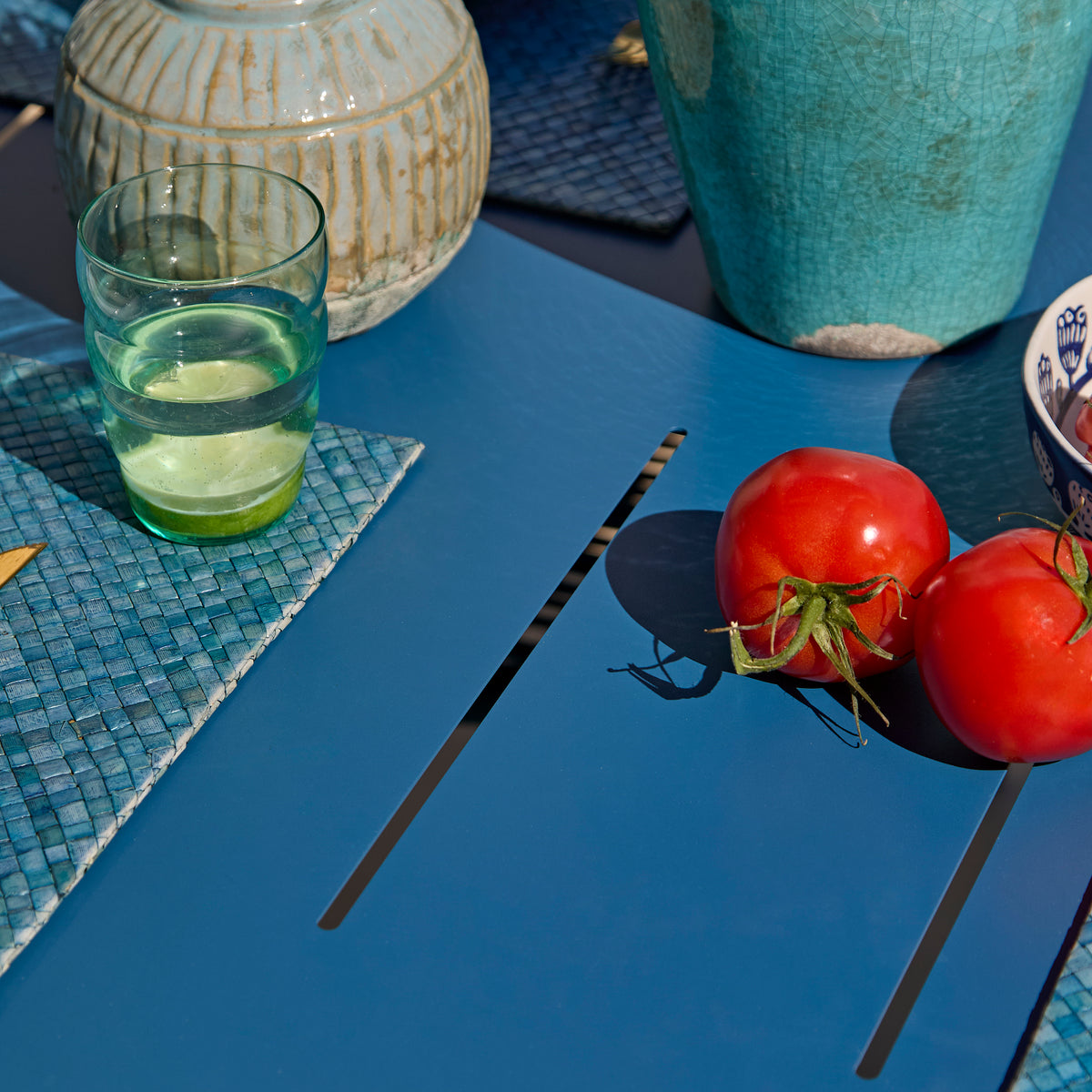 Wilder 6 Seater Blue Garden Dining Set with Ryder Teal Chairs - Laura James