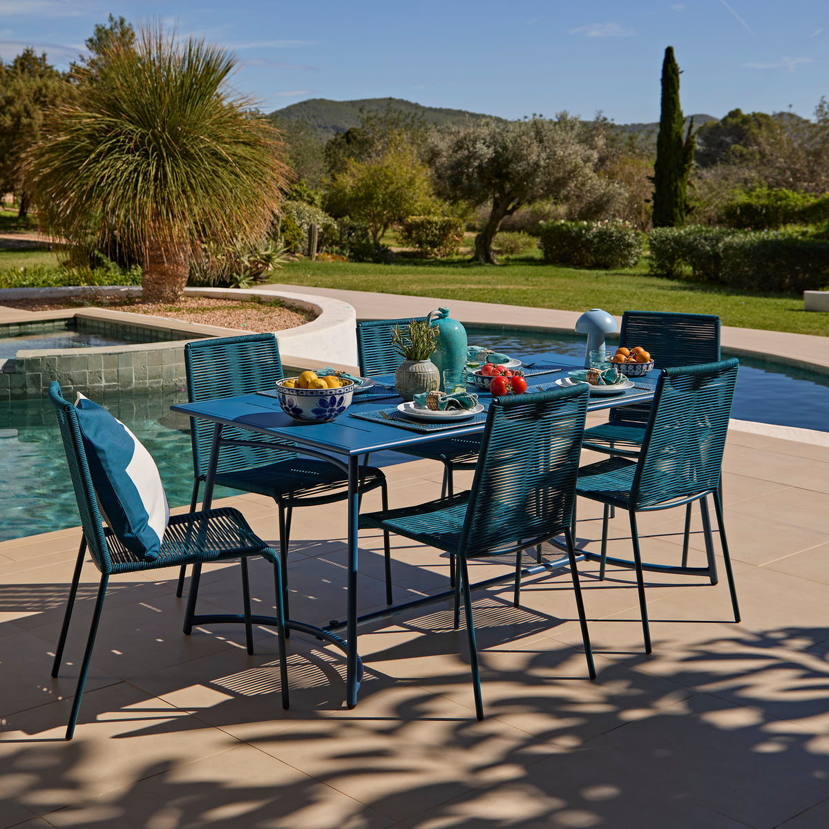 Wilder 6 Seater Blue Garden Dining Set with Ryder Teal Chairs - Laura James