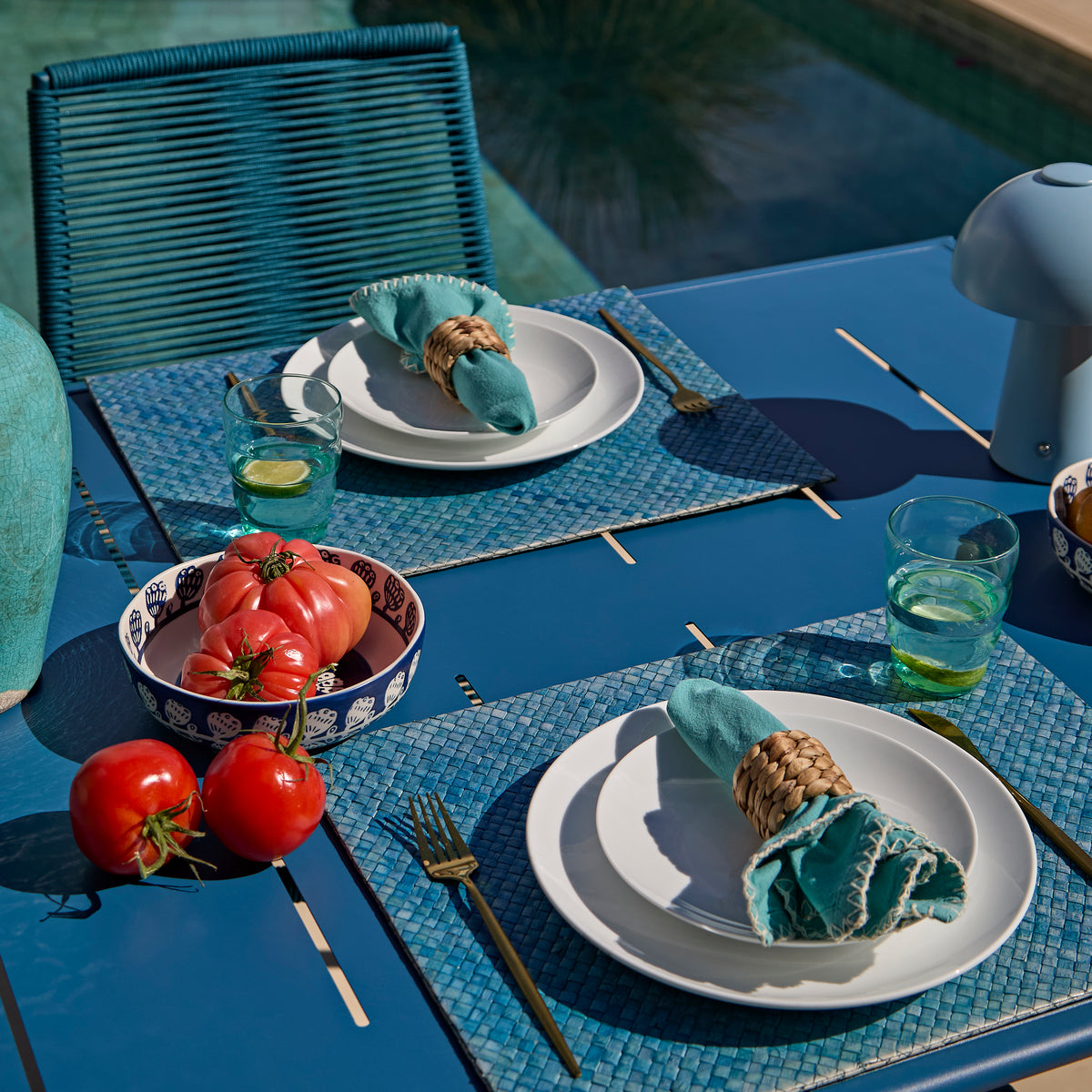 Wilder 6 Seater Blue Garden Dining Set with Ryder Teal Chairs - Laura James