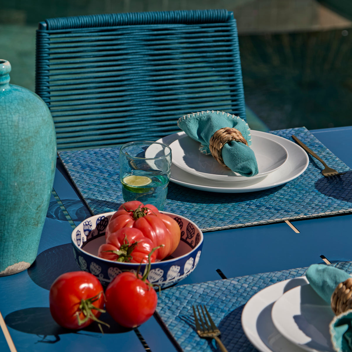 Wilder 6 Seater Blue Garden Dining Set with Ryder Teal Chairs - Laura James