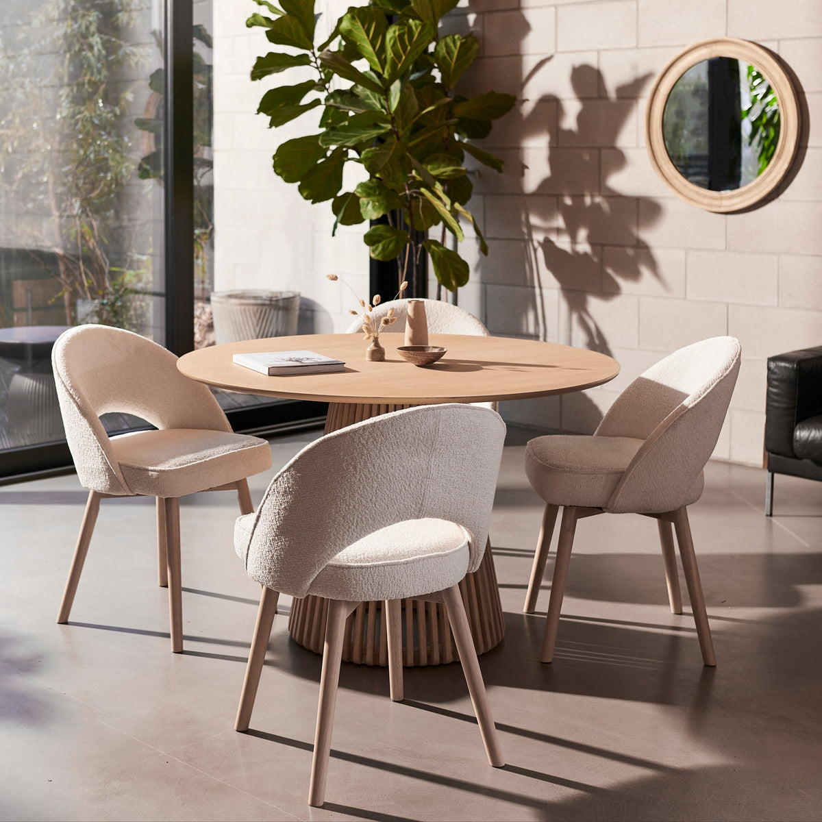 Willow Whitewash Round 4 Seater with Marilyn Boucle Dining Chairs with Whitewash Legs - Laura James