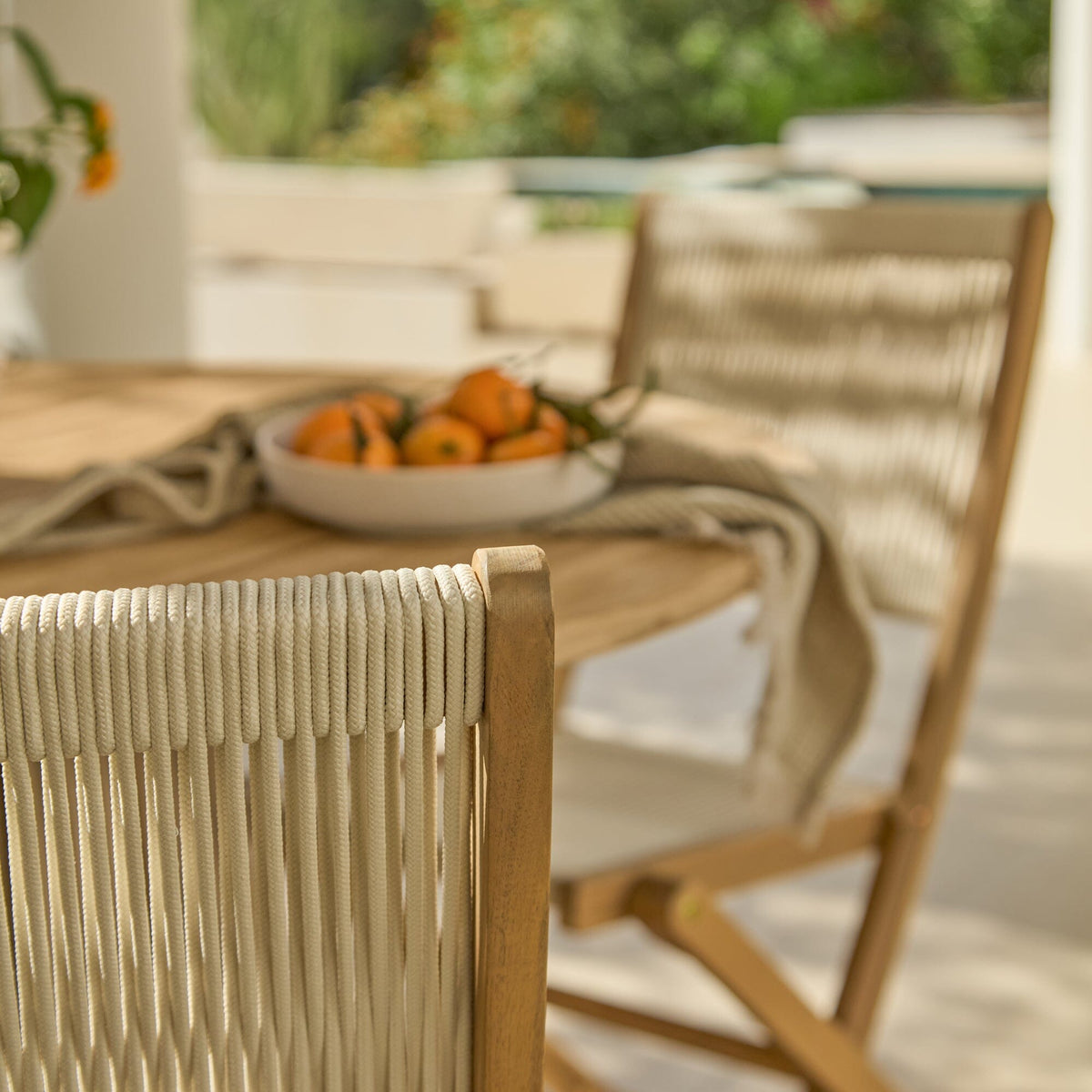 Willow 4 Seater White Acacia Round Garden Dining Set with Cove Beige Rope Chairs - Laura James