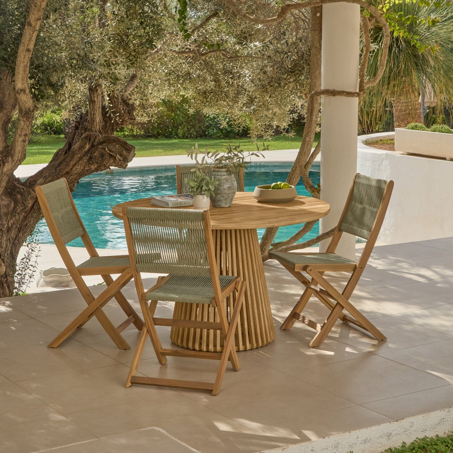 Willow 4 Seater White Acacia Round Garden Dining Set with Cove Green Rope Chairs - Laura James