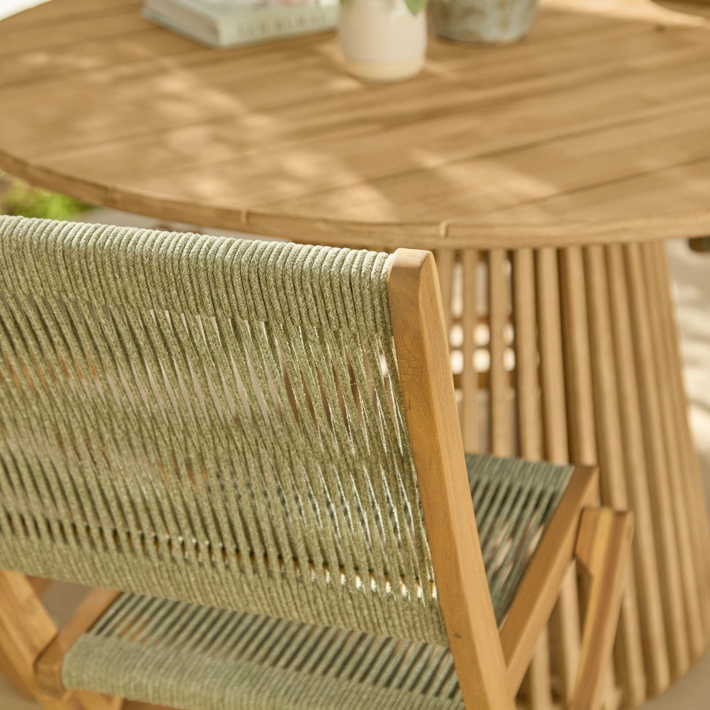 Willow 4 Seater White Acacia Round Garden Dining Set with Cove Green Rope Chairs - Laura James