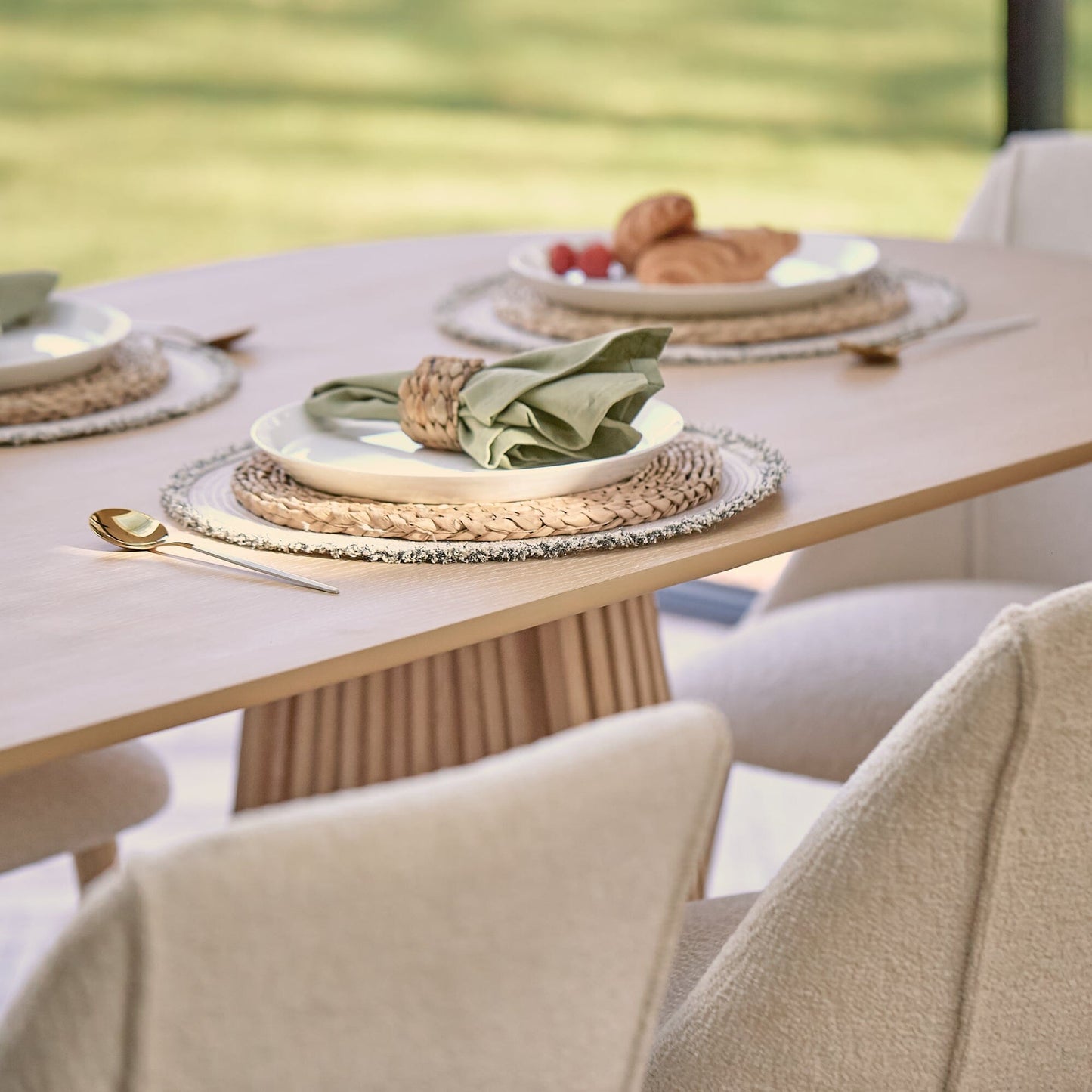 Willow Whitewash Oak Oval Dining Table with 6 Freya Boucle Dining Chairs - Laura James