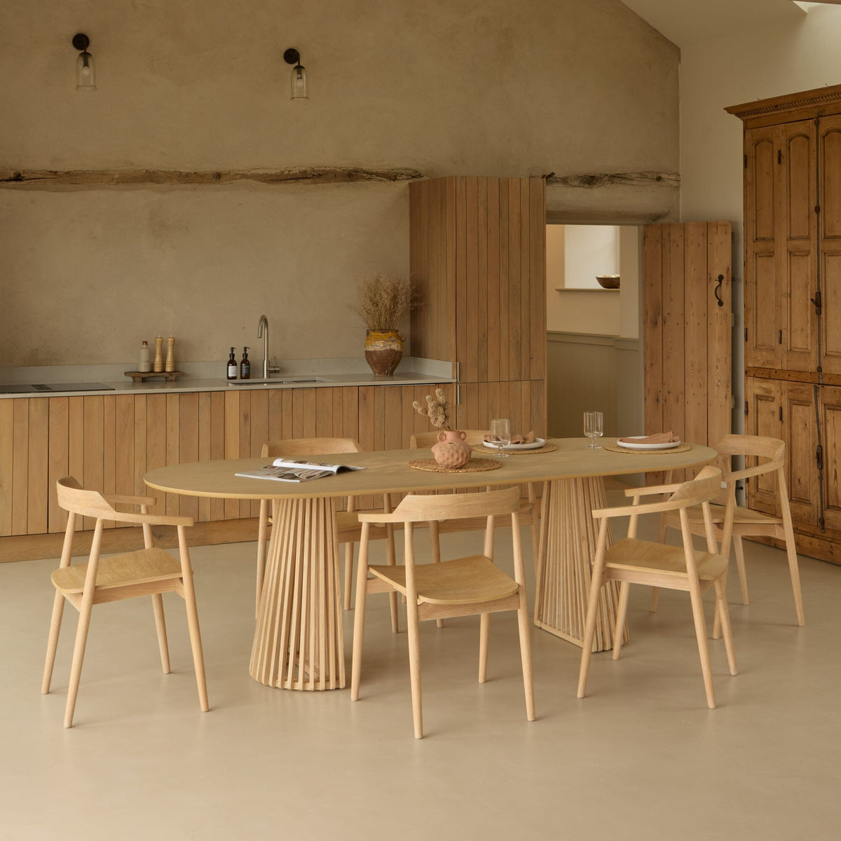 Willow Whitewash Oak Oval Dining Table Set - 6 Seater - Carter Dining Armchairs - Whitewash Oak Legs - Laura James