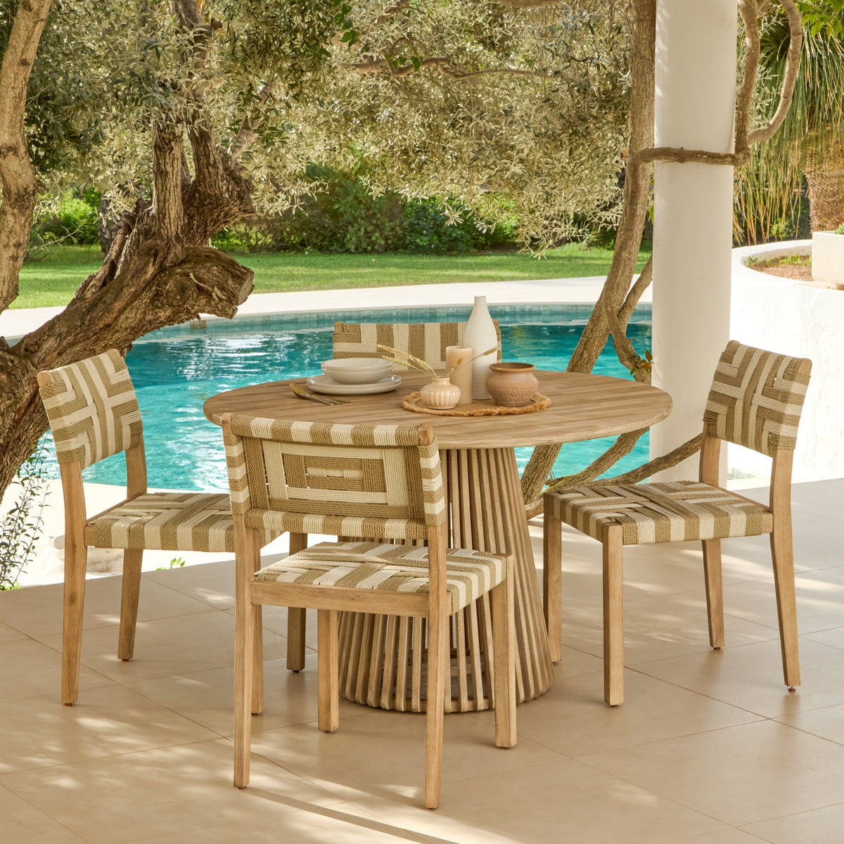 Willow 4 Seater Wooden Brushed Light Acacia Round Dining Set with Saffron Natural and Beige Chairs - Laura James