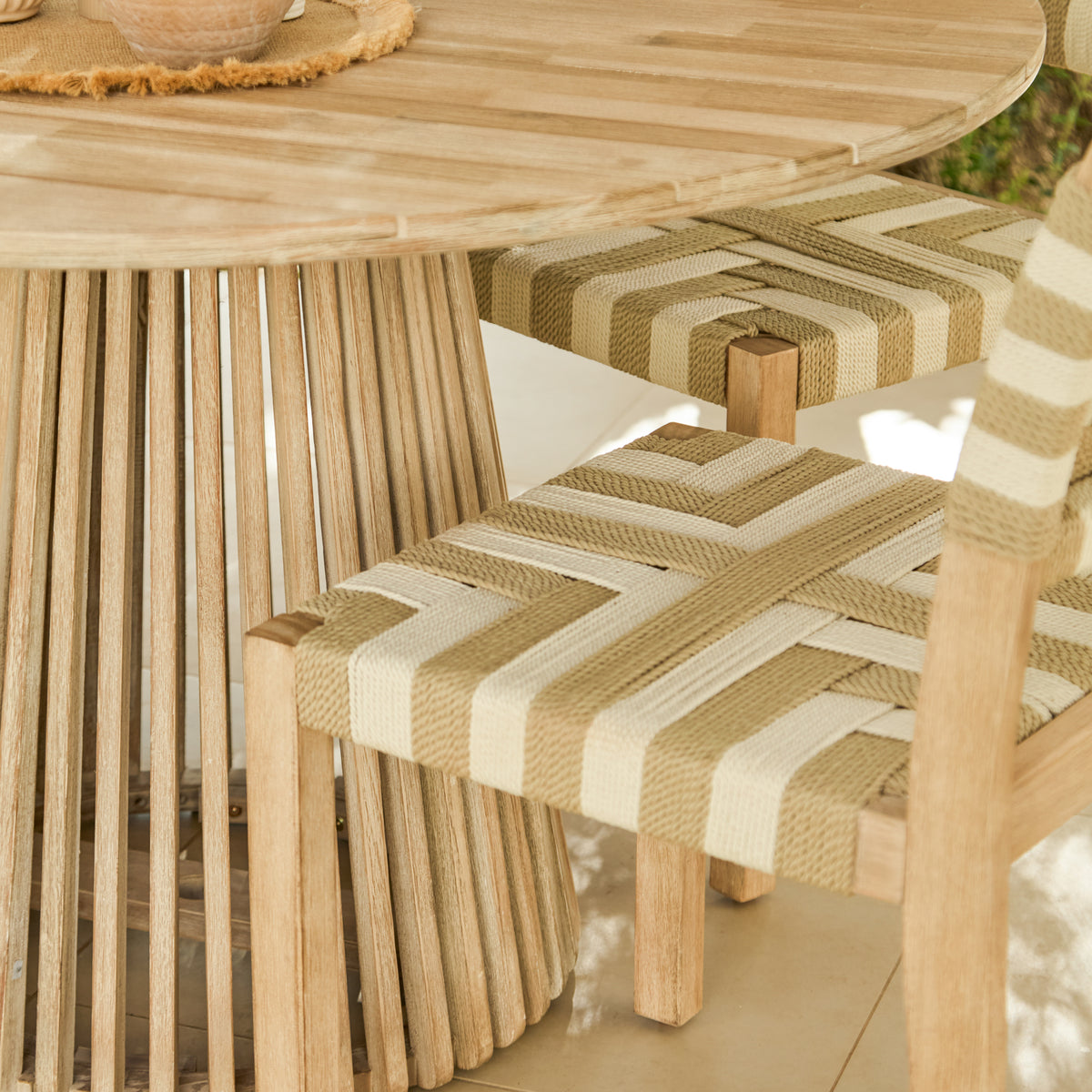 Willow 4 Seater Wooden Brushed Light Acacia Round Dining Set with Saffron Natural and Beige Chairs - Laura James