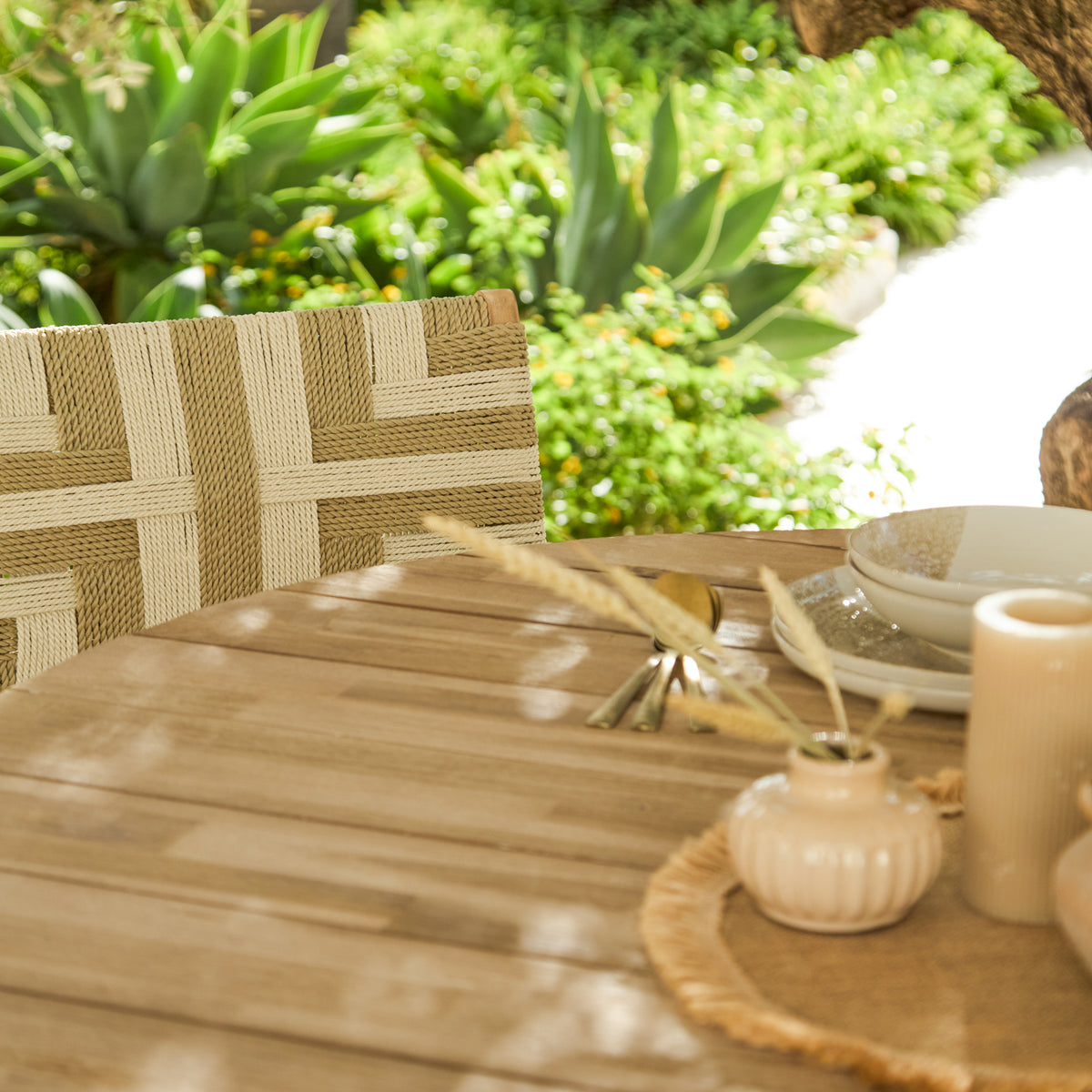 Willow 4 Seater Wooden Brushed Light Acacia Round Dining Set with Saffron Natural and Beige Chairs - Laura James